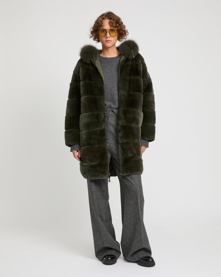 Hooded coat in technical fabric reversible rex rabbit fur -Yves Salomon