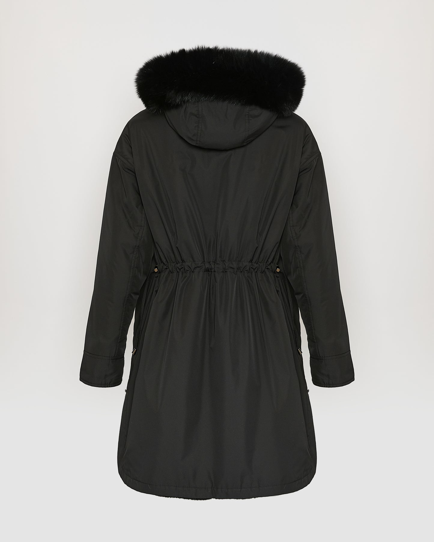 Hooded coat in technical fabric reversible rex rabbit fur