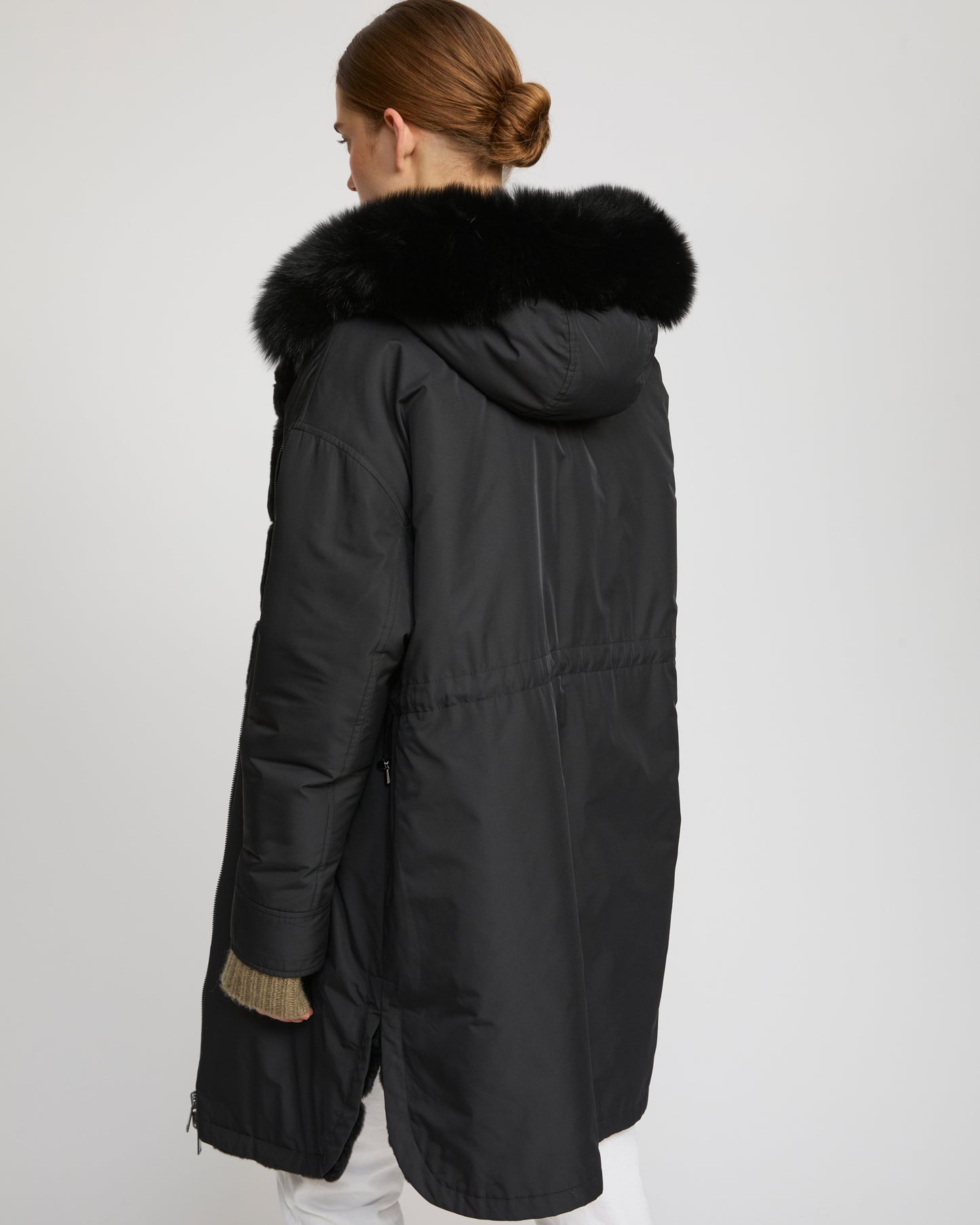 Hooded coat in technical fabric reversible rex rabbit fur