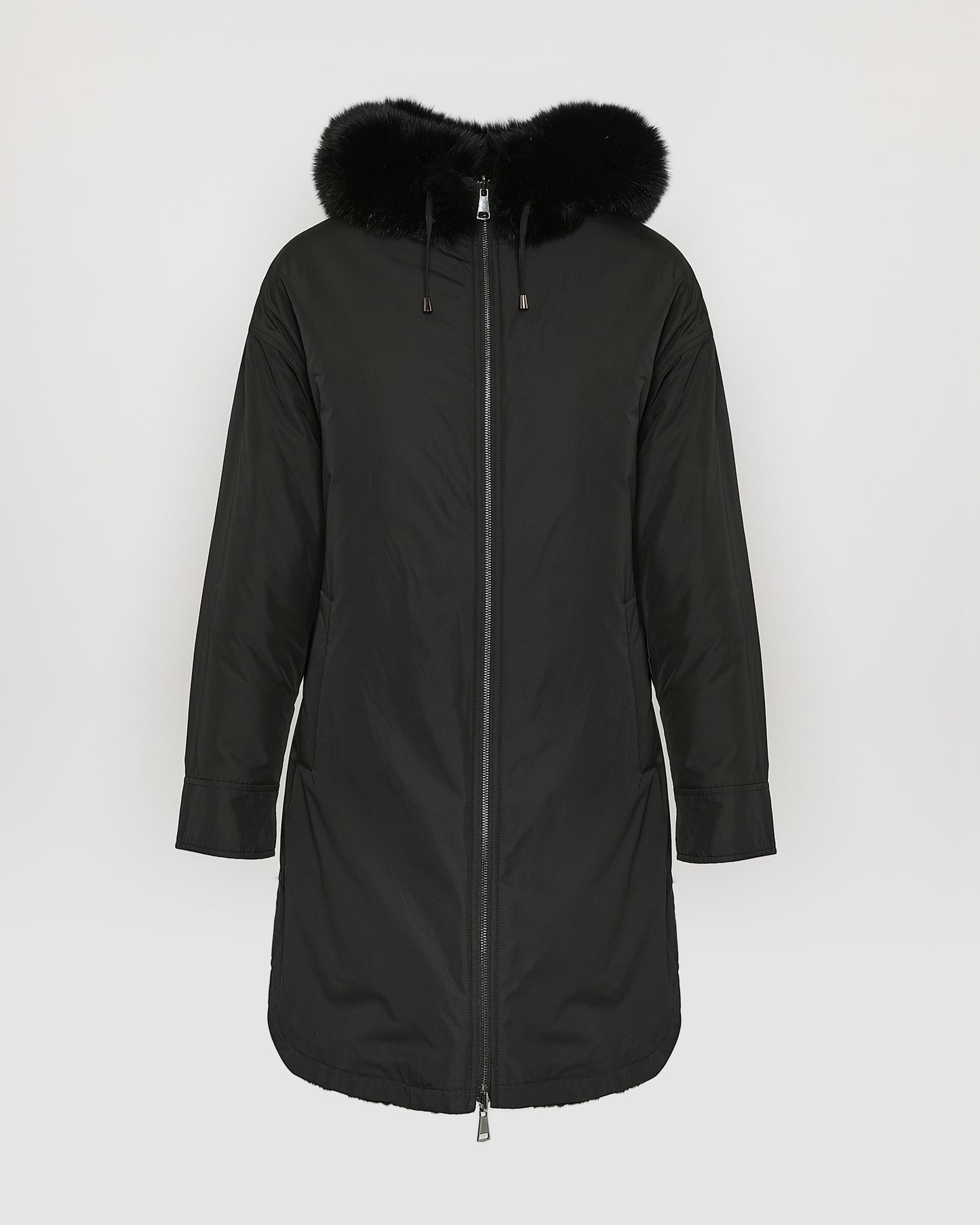 Hooded coat in technical fabric reversible rex rabbit fur