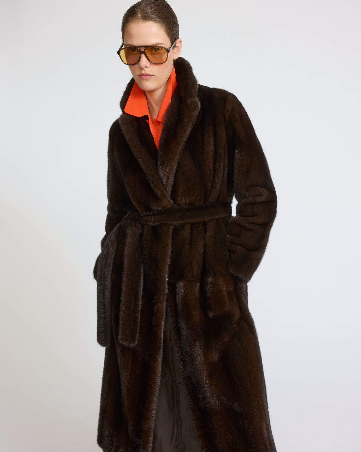 Long-haired mink fur belted maxi coat with tailored collar - Yves Salomon - New Fall/Winter Collection