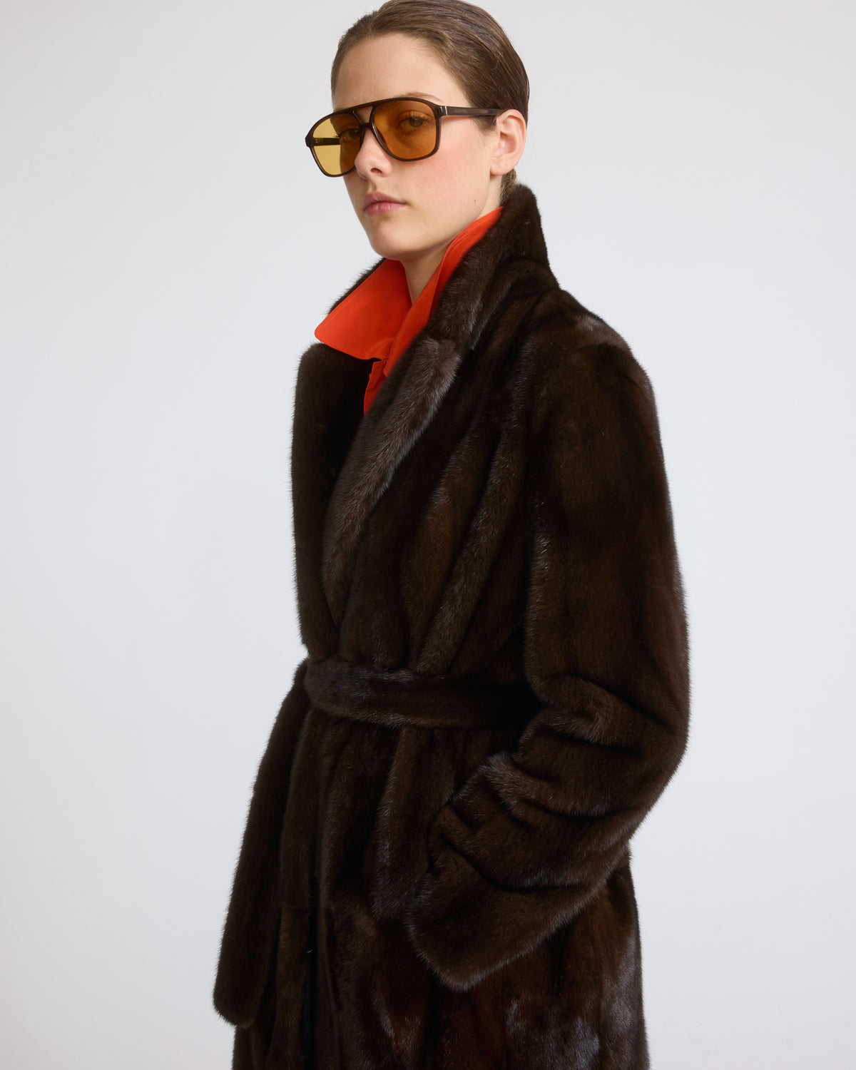 Long-haired mink fur belted maxi coat with tailored collar - Yves Salomon - New Fall/Winter Collection