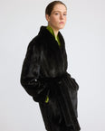 Short belted coat in long-haired straightened mink fur