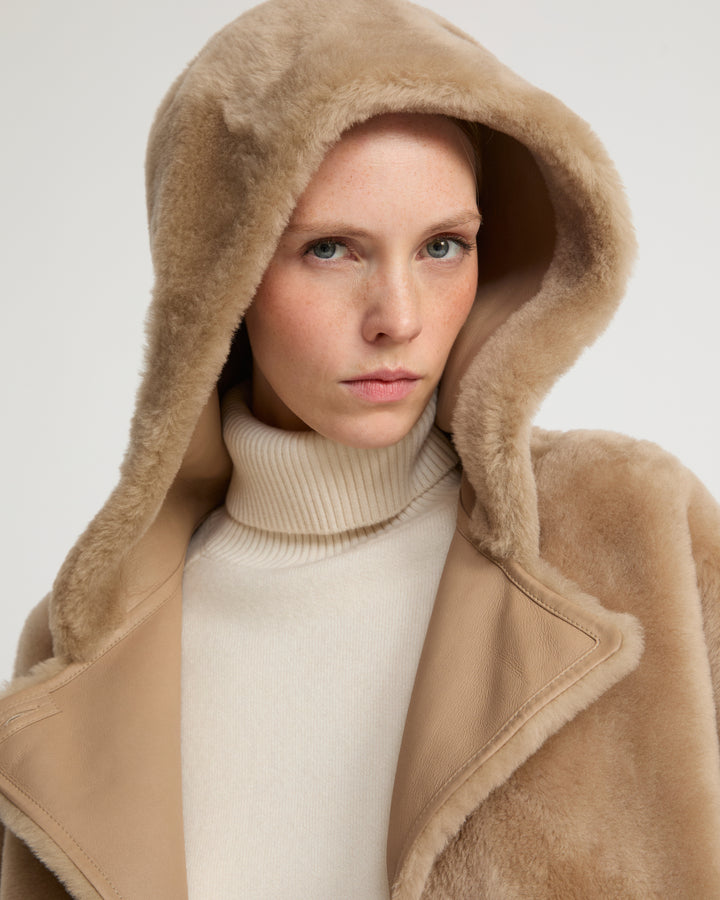 Long hooded lambskin shearling coat -Yves Salomon
