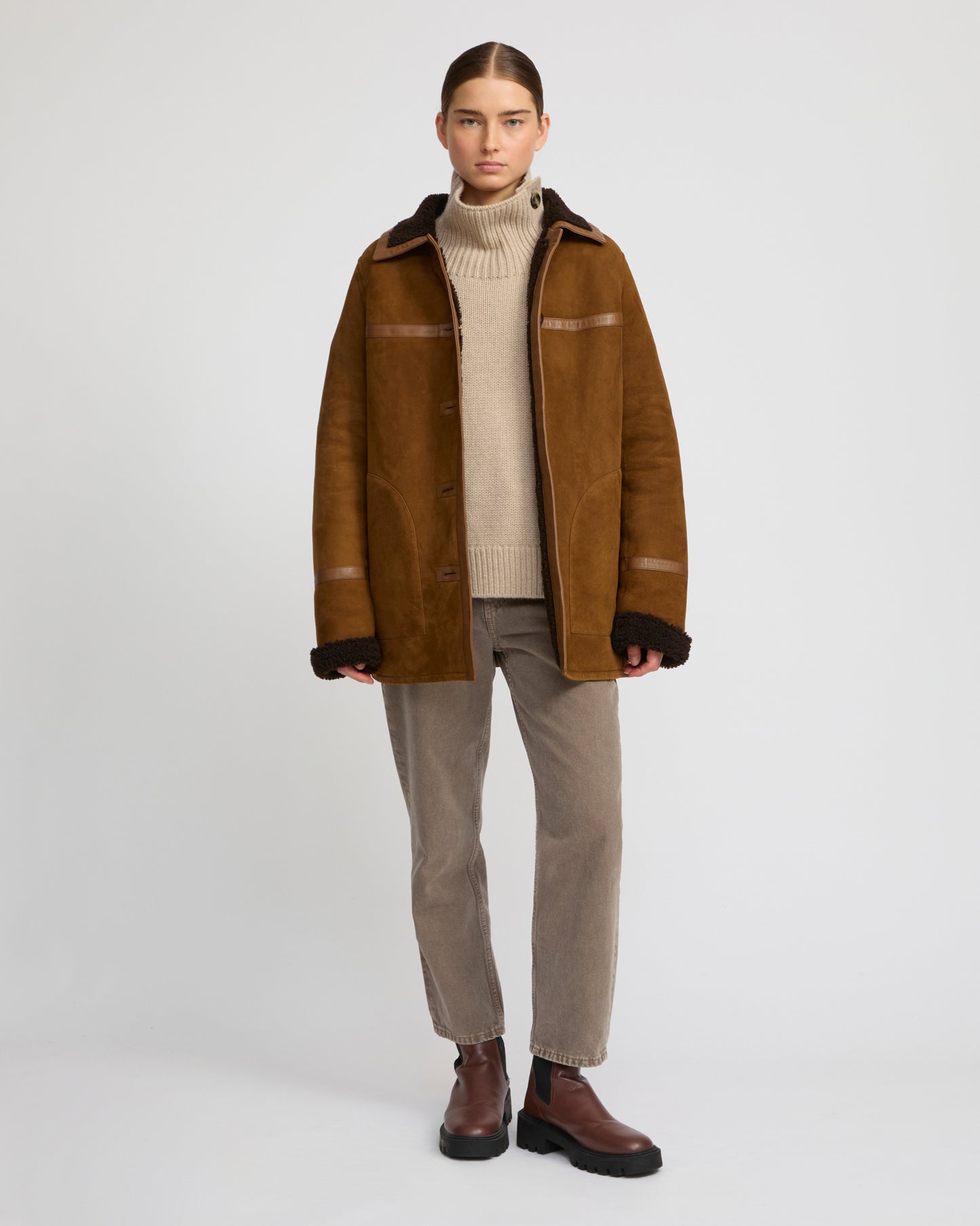 Fur-lined coat in suede Merino lambskin