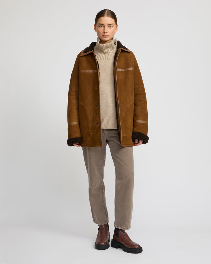 Fur-lined coat in suede Merino lambskin