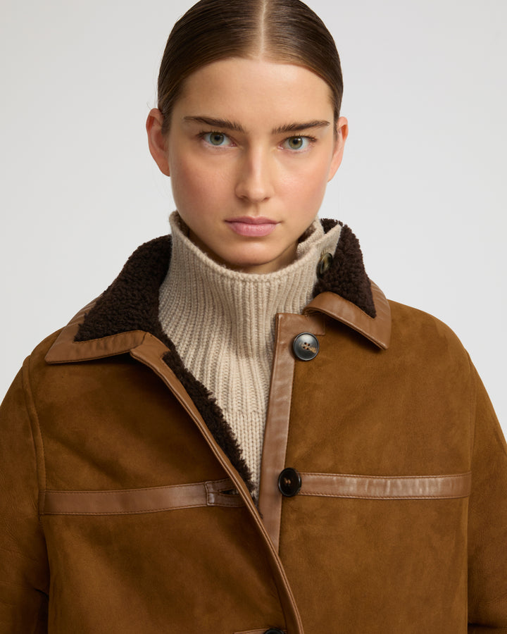 Fur-lined coat in suede Merino lambskin