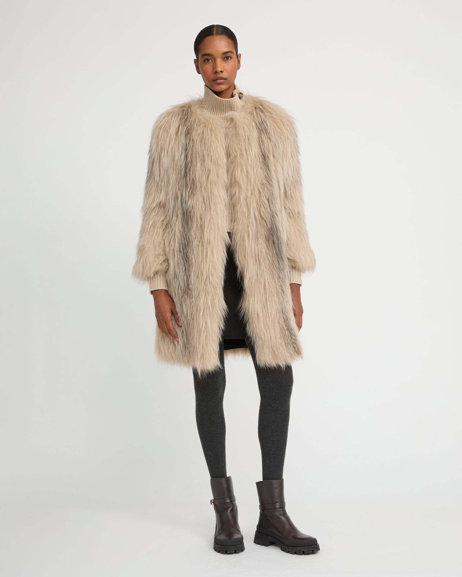 Long jacket in knitted fox fur - beige - Winter sale – Yves Salomon UK