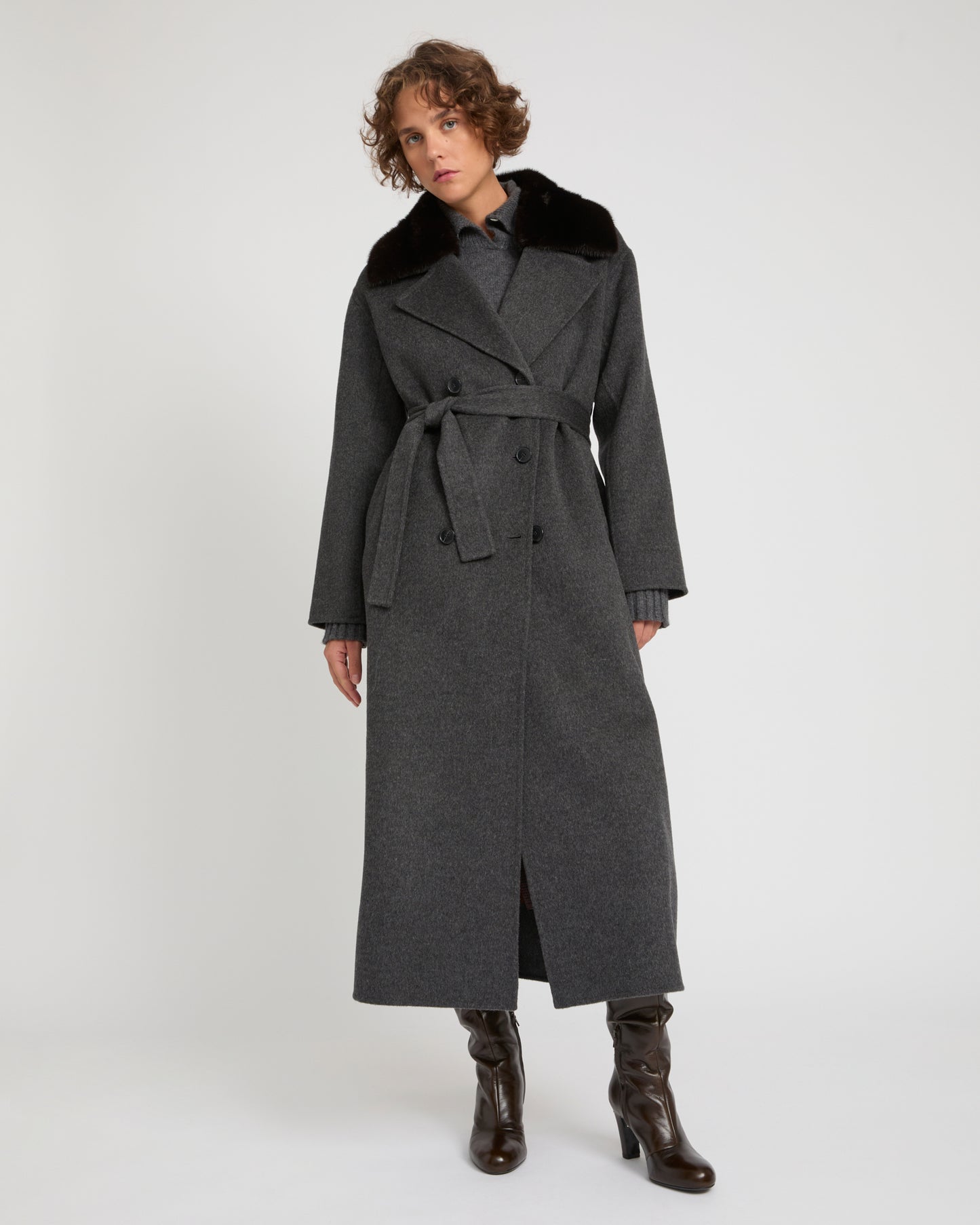 Cashmere wool coat with mink fur trim -Yves Salomon