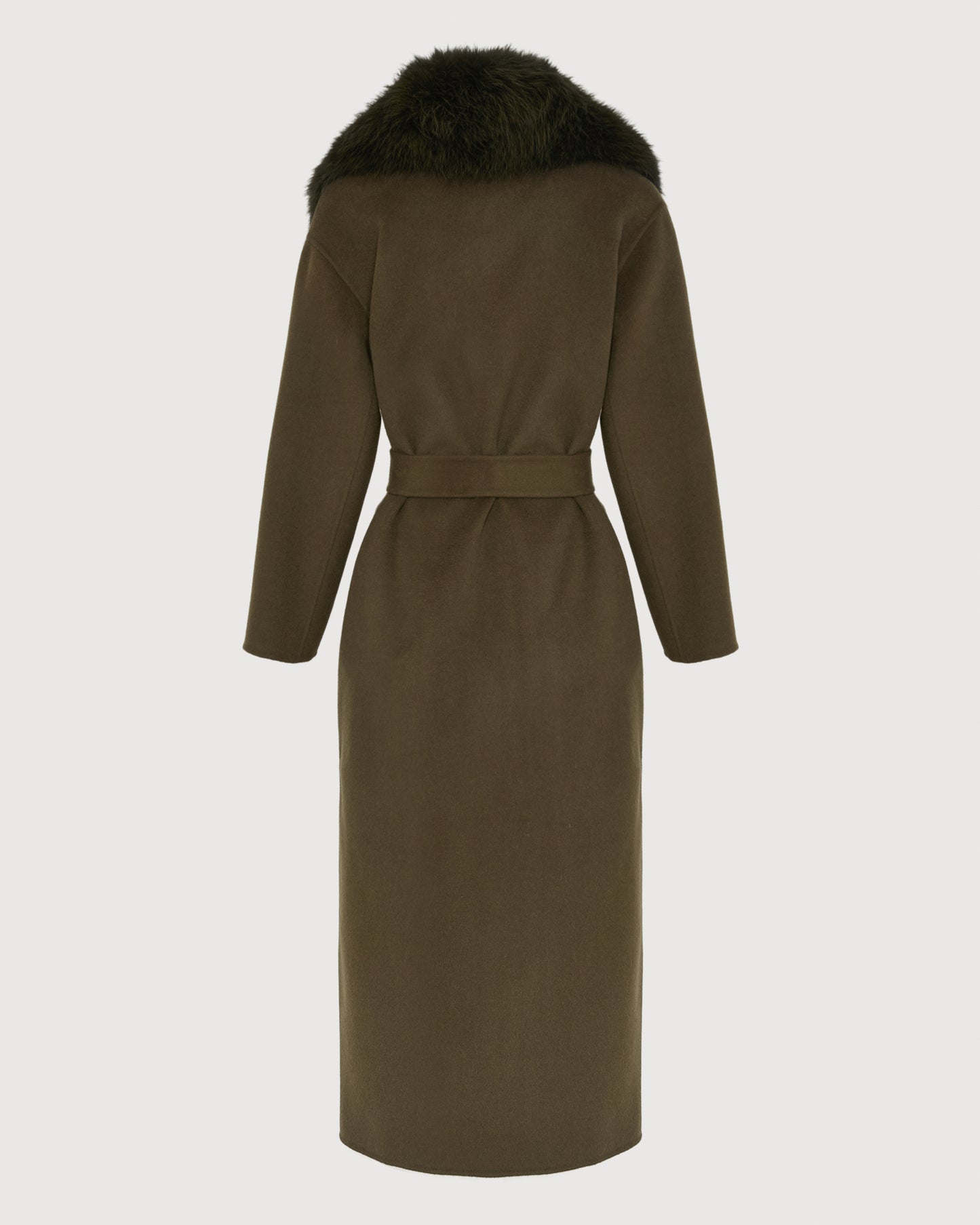 Belted coat in cashmere wool with fox fur collar