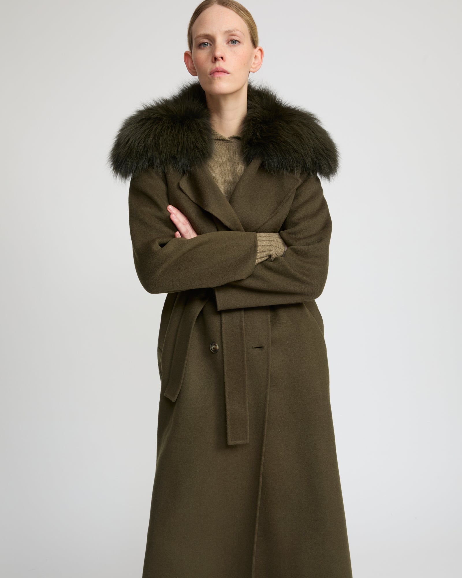 Belted coat in cashmere wool with fox fur collar - khaki - Yves