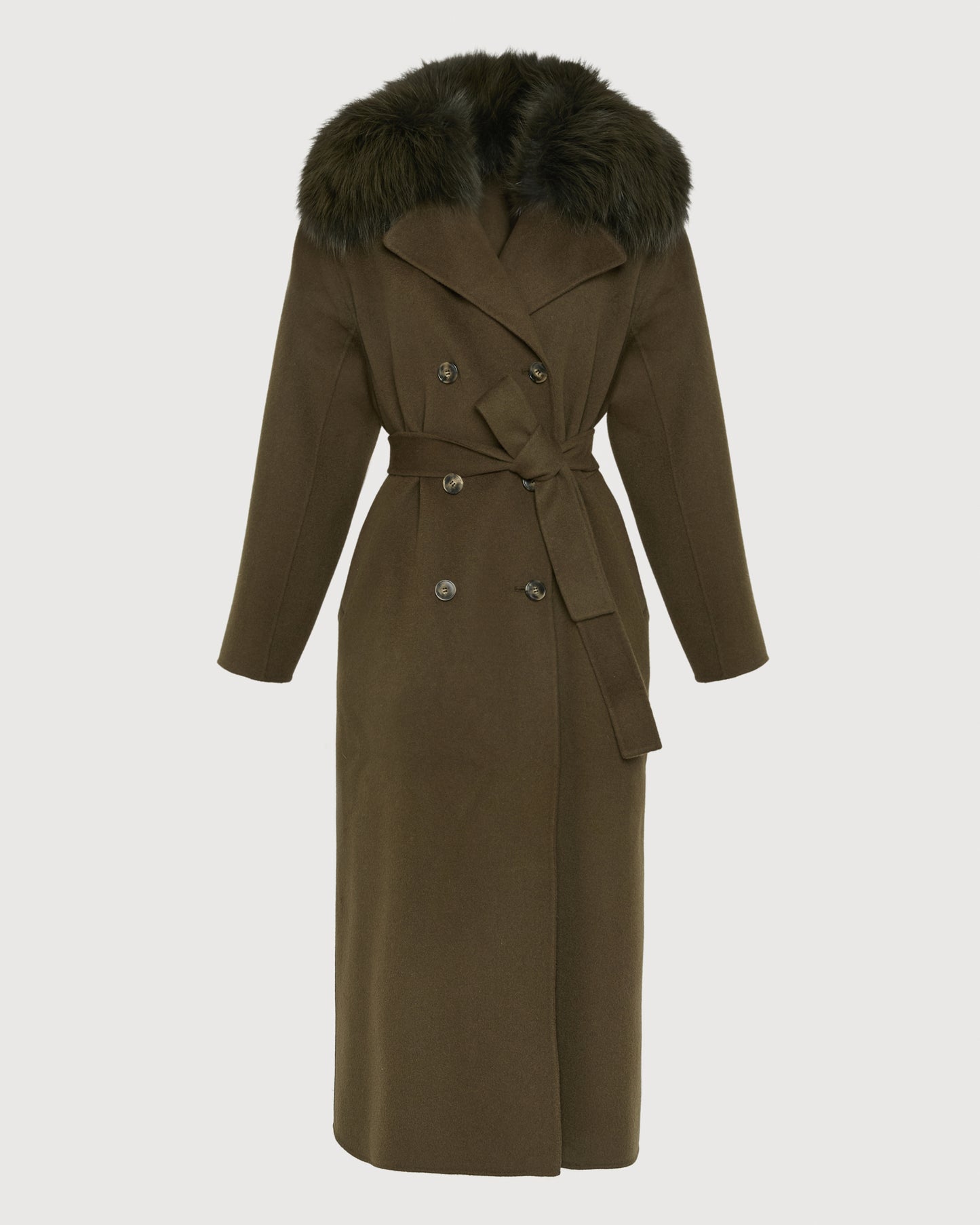 Belted coat in cashmere wool with fox fur collar