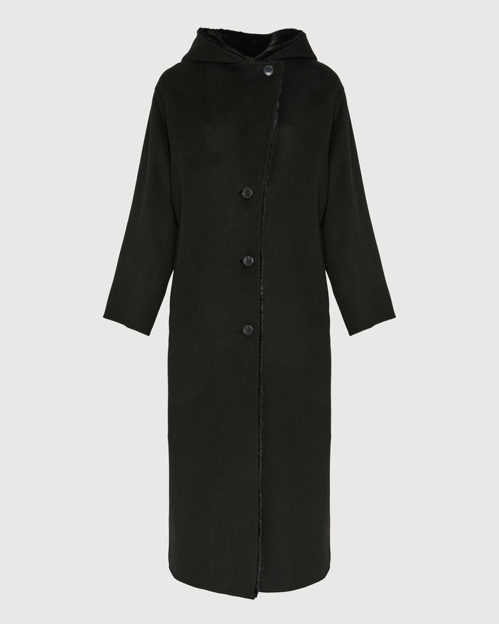 Long coat in cashmere wool with mink fur hood