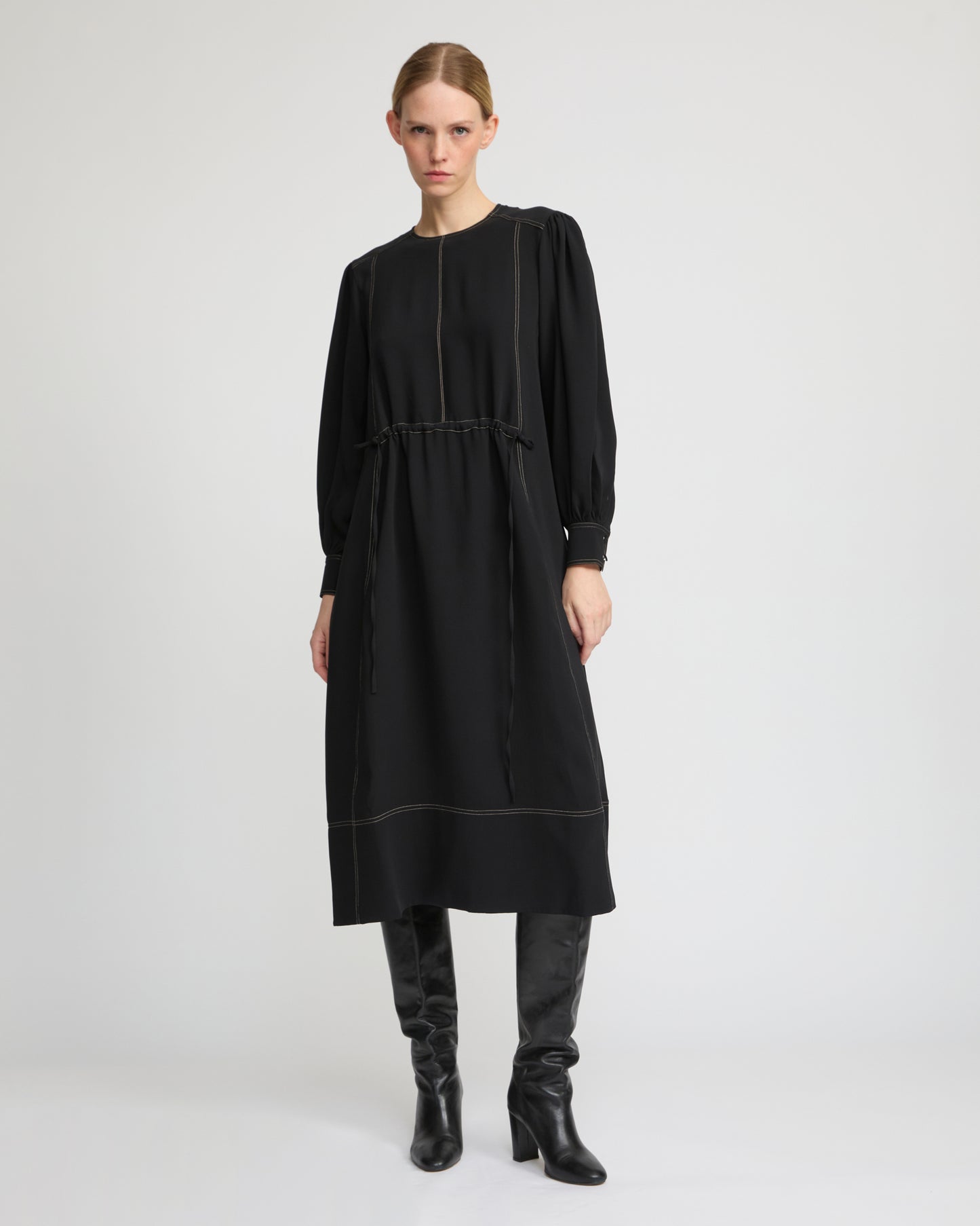 Drawstring dress in silk crepe