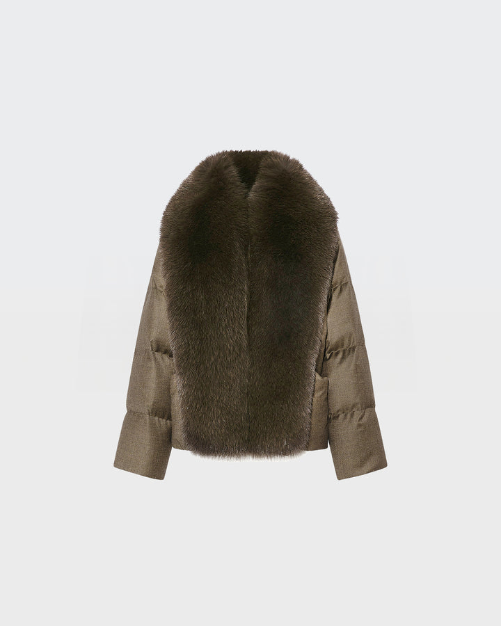Short Loro Piana fabric down jacket with large detachable fox fur collar
