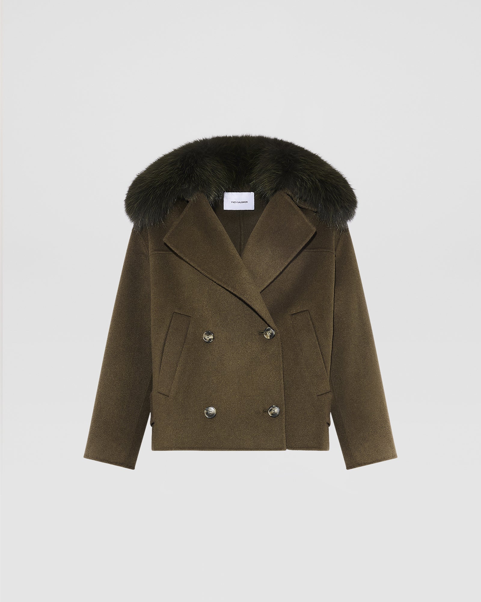 Cashmere-blend pea jacket with removable fox fur collar - khaki
