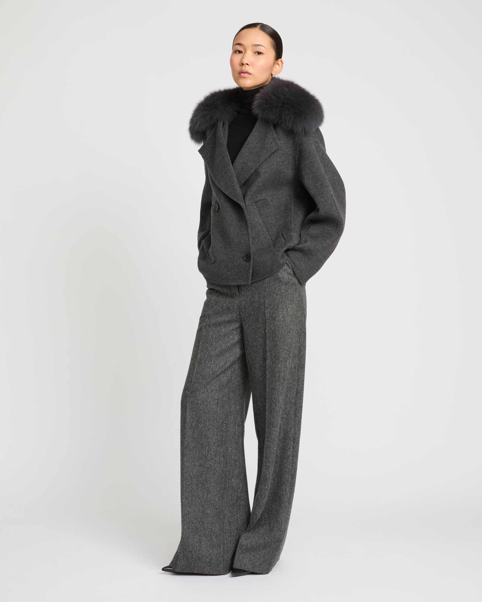 Cashmere-blend pea jacket with removable fox fur collar -Yves Salomon