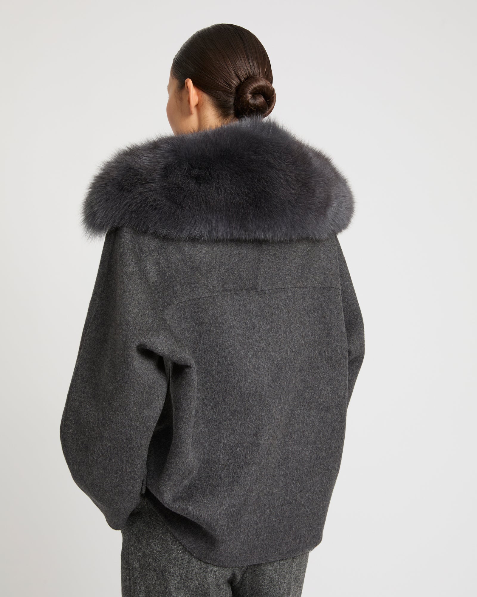 Cashmere-blend pea jacket with removable fox fur collar -Yves Salomon