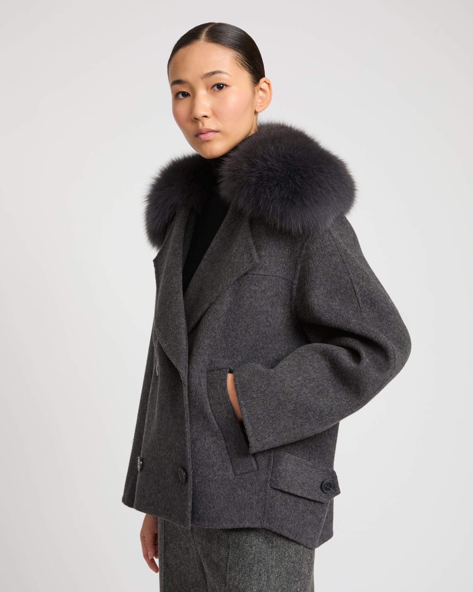 Cashmere-blend pea jacket with removable fox fur collar -Yves Salomon