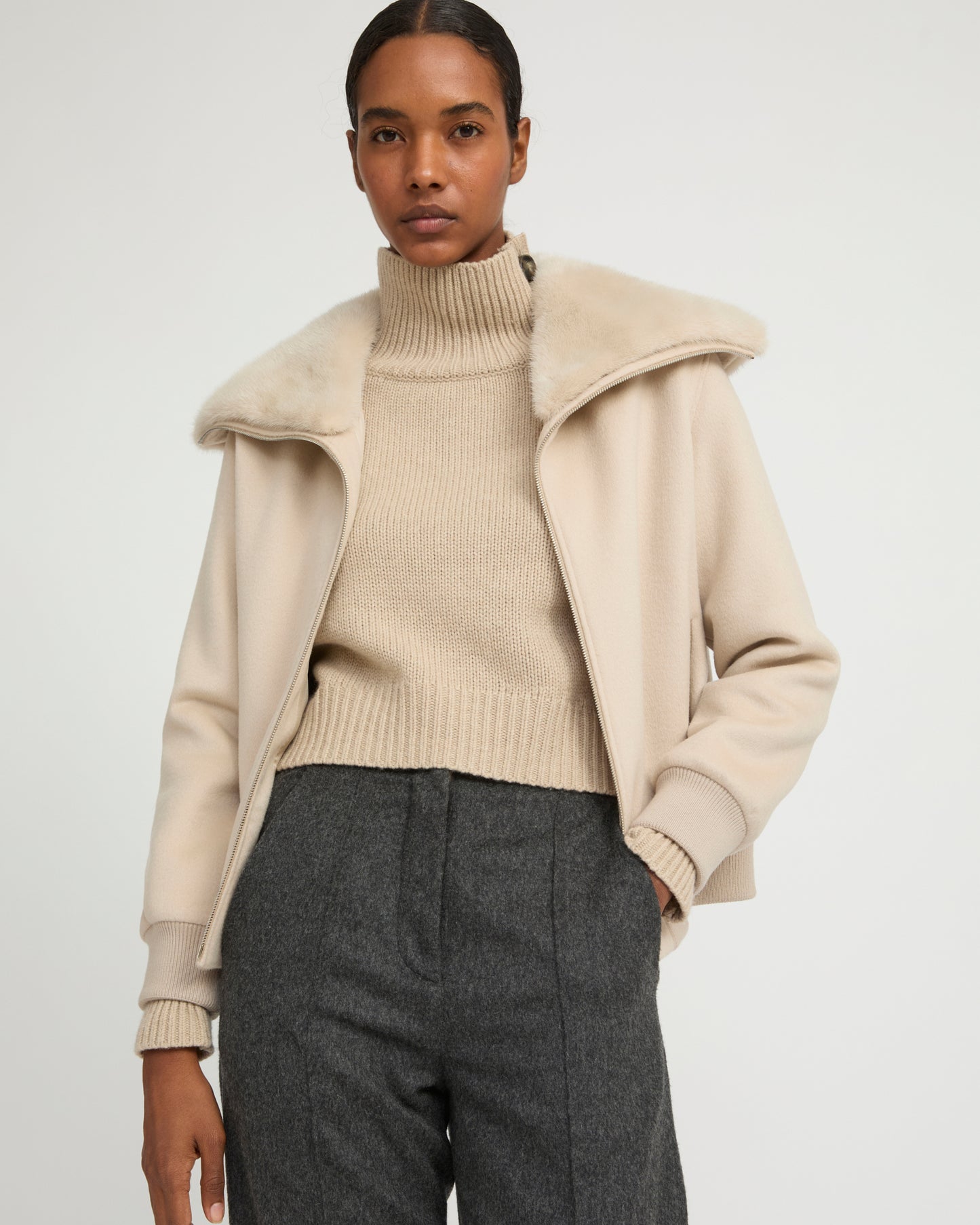 Cashmere-blend cropped blouson with removable mink fur collar -Yves Salomon