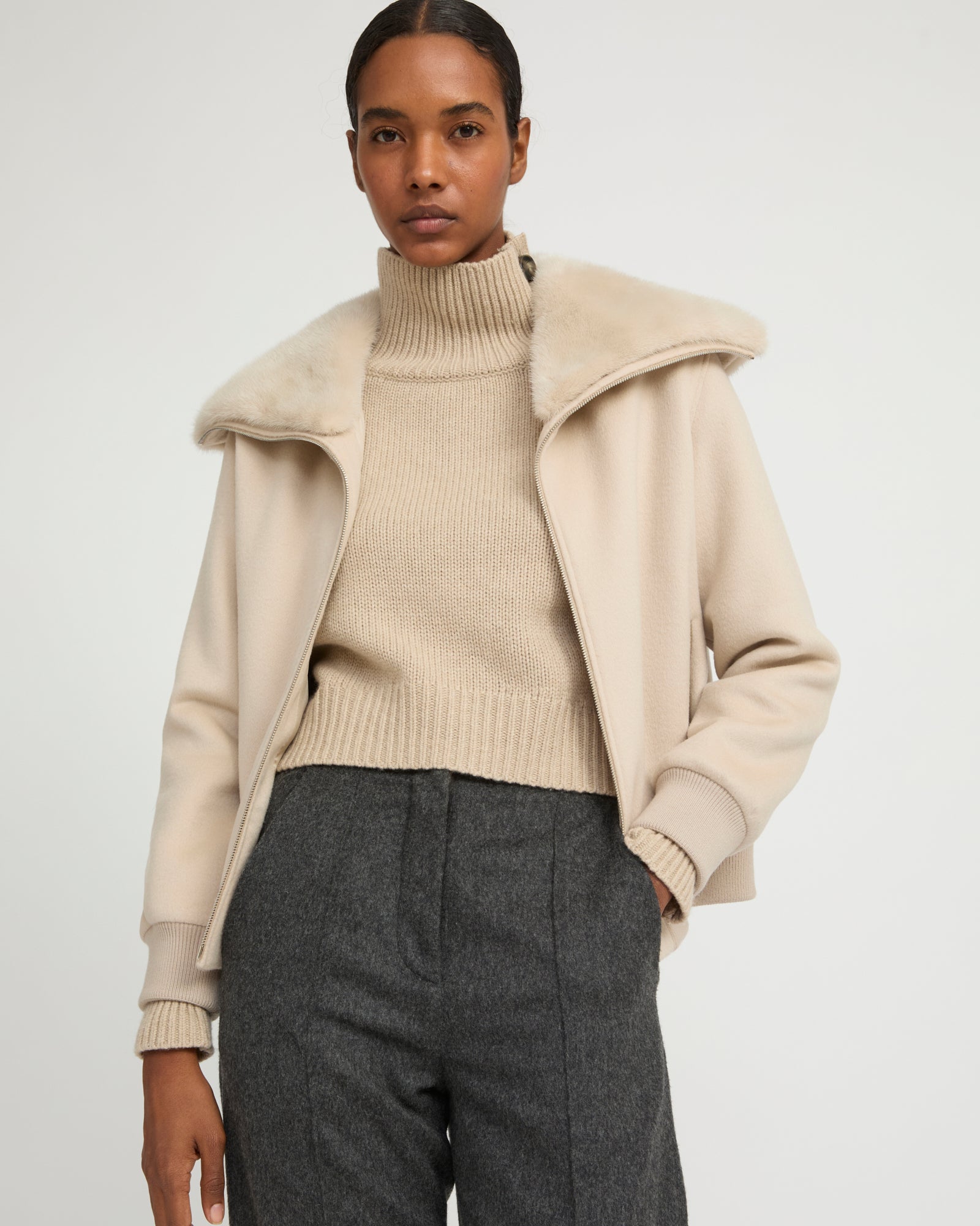 Cashmere-blend cropped blouson with removable mink fur collar -Yves Salomon