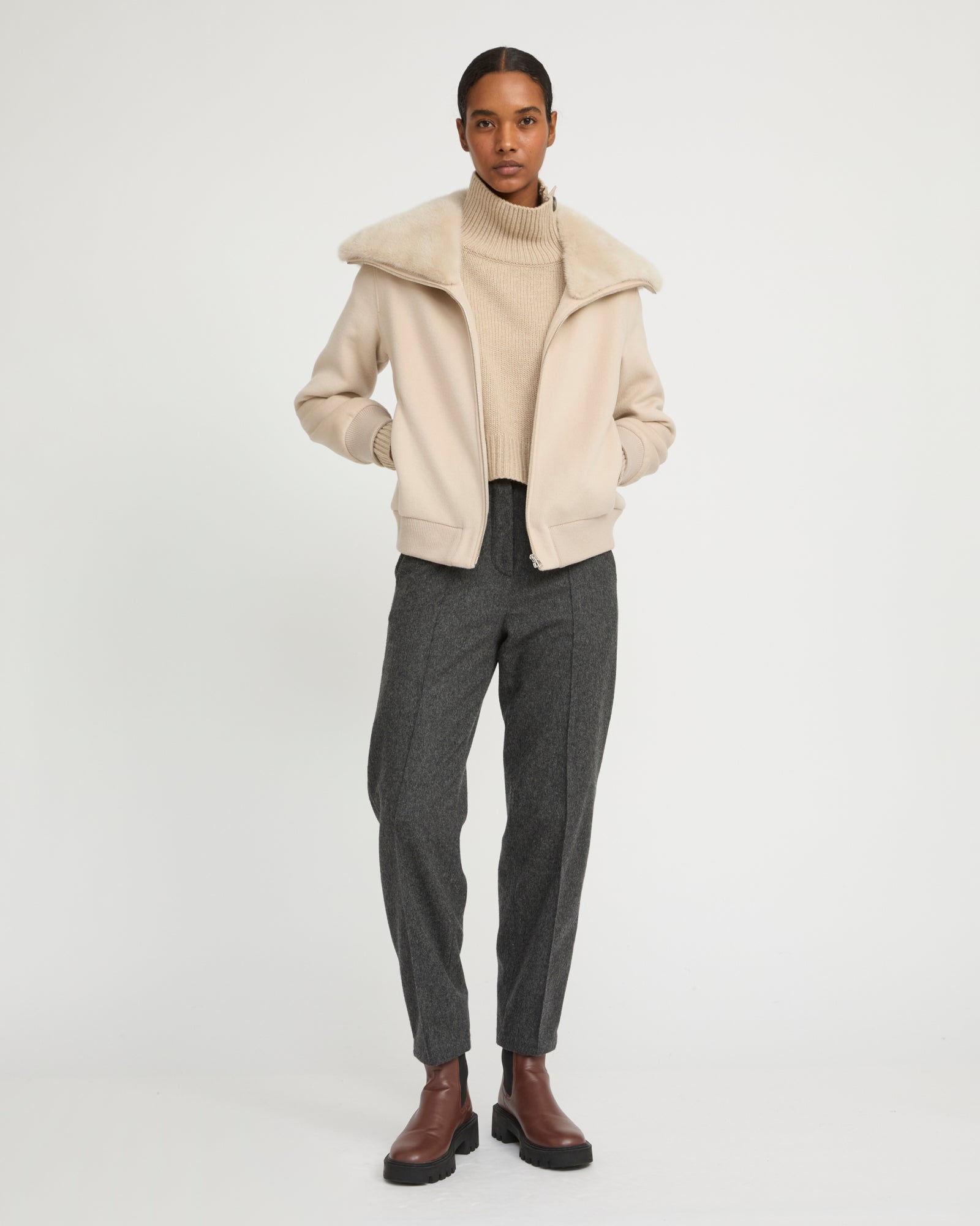 Cashmere-blend cropped blouson with removable mink fur collar -Yves Salomon