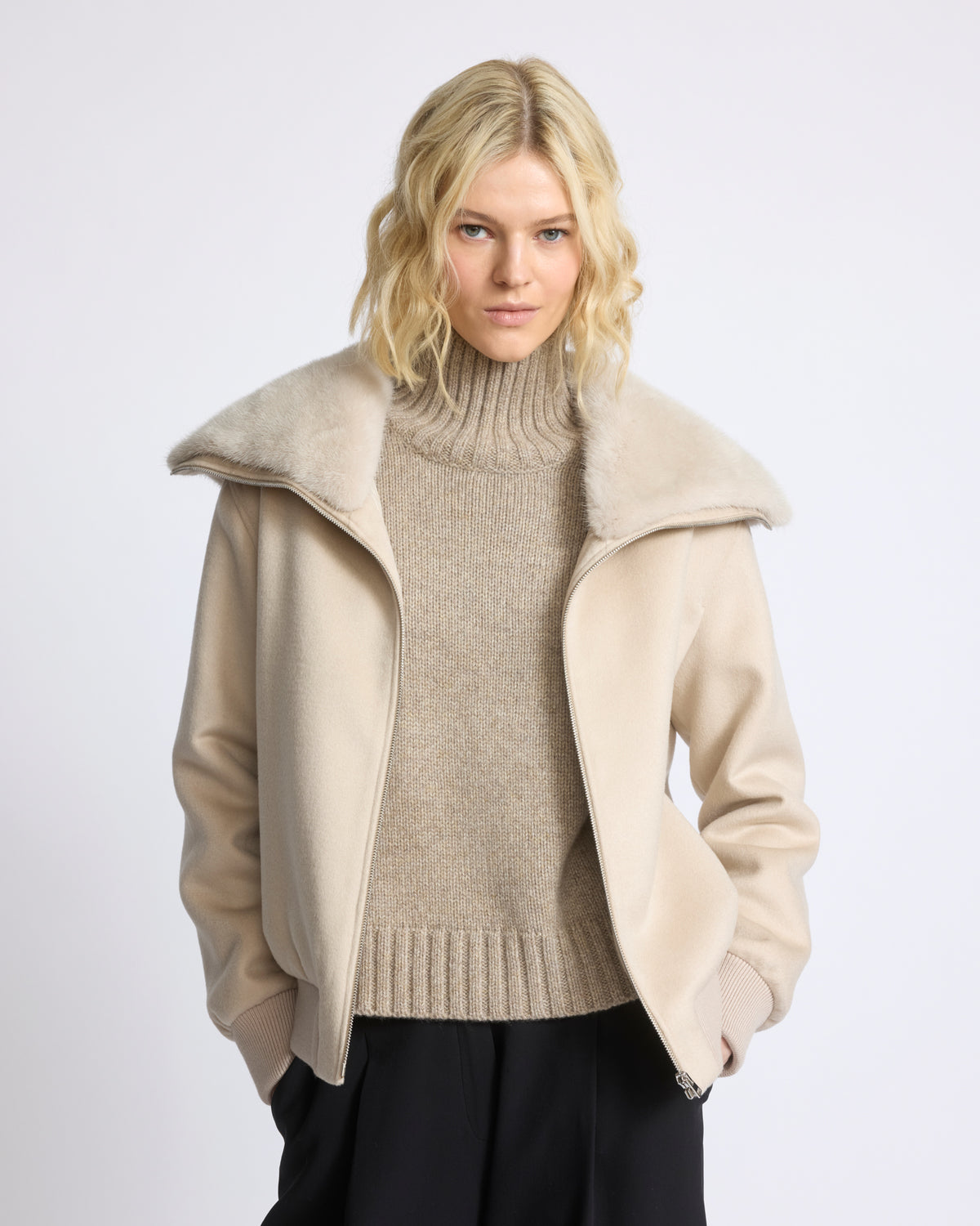 Cashmere-blend cropped blouson with removable mink fur collar - Yves Salomon - New Fall/Winter Collection