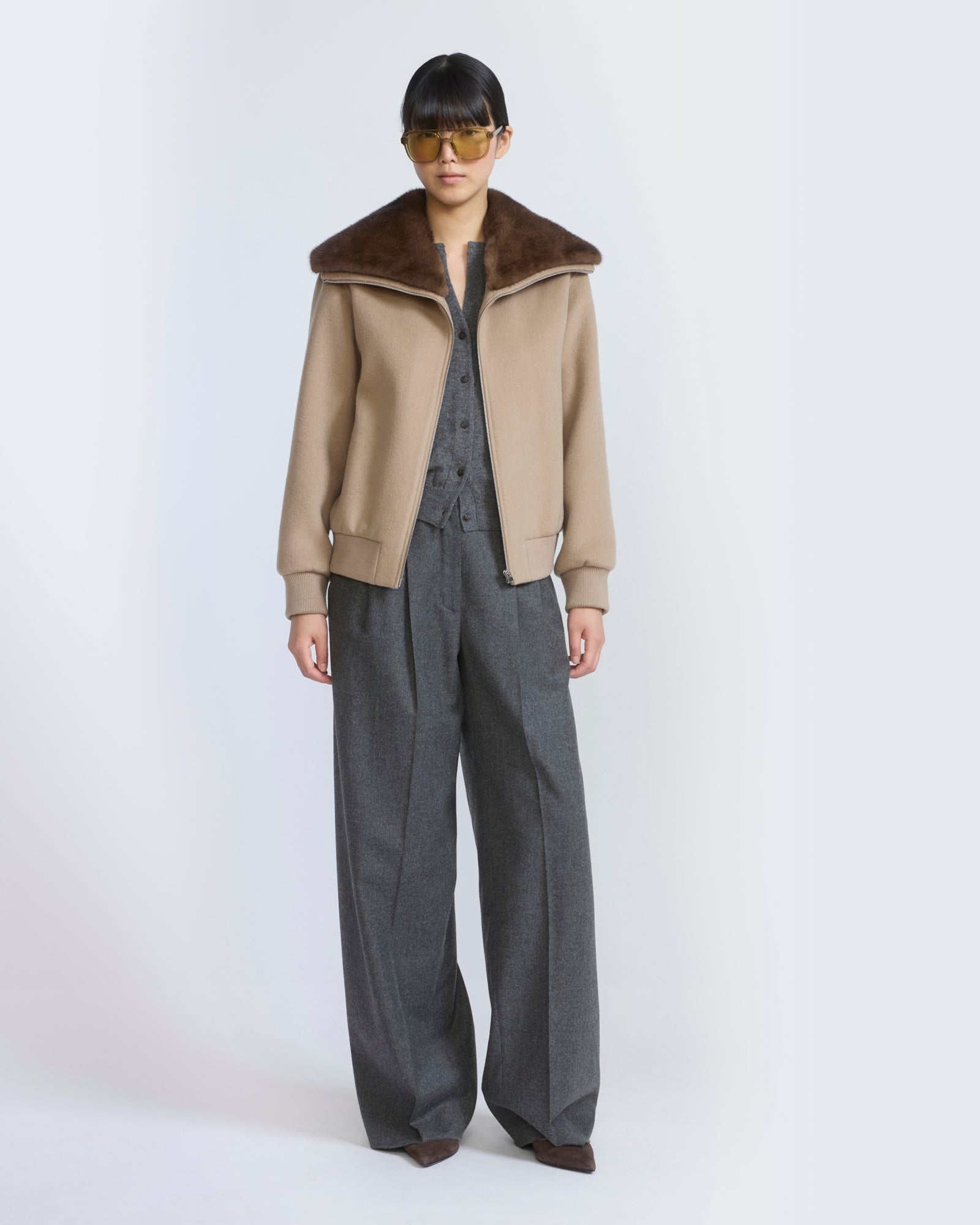 Cashmere-blend cropped blouson with removable mink fur collar - Yves Salomon - New Fall/Winter Collection
