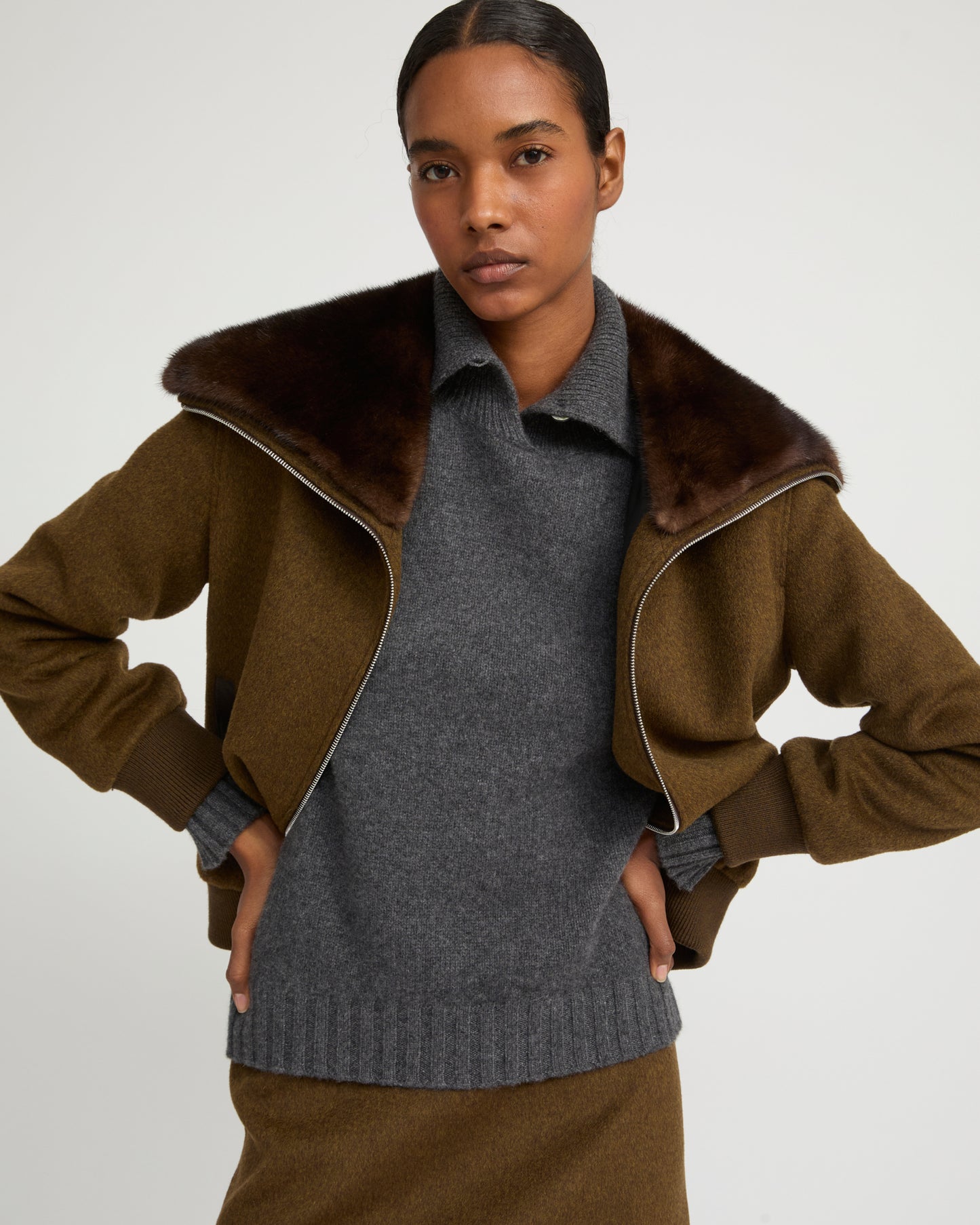 Cashmere-blend cropped blouson with removable mink fur collar -Yves Salomon