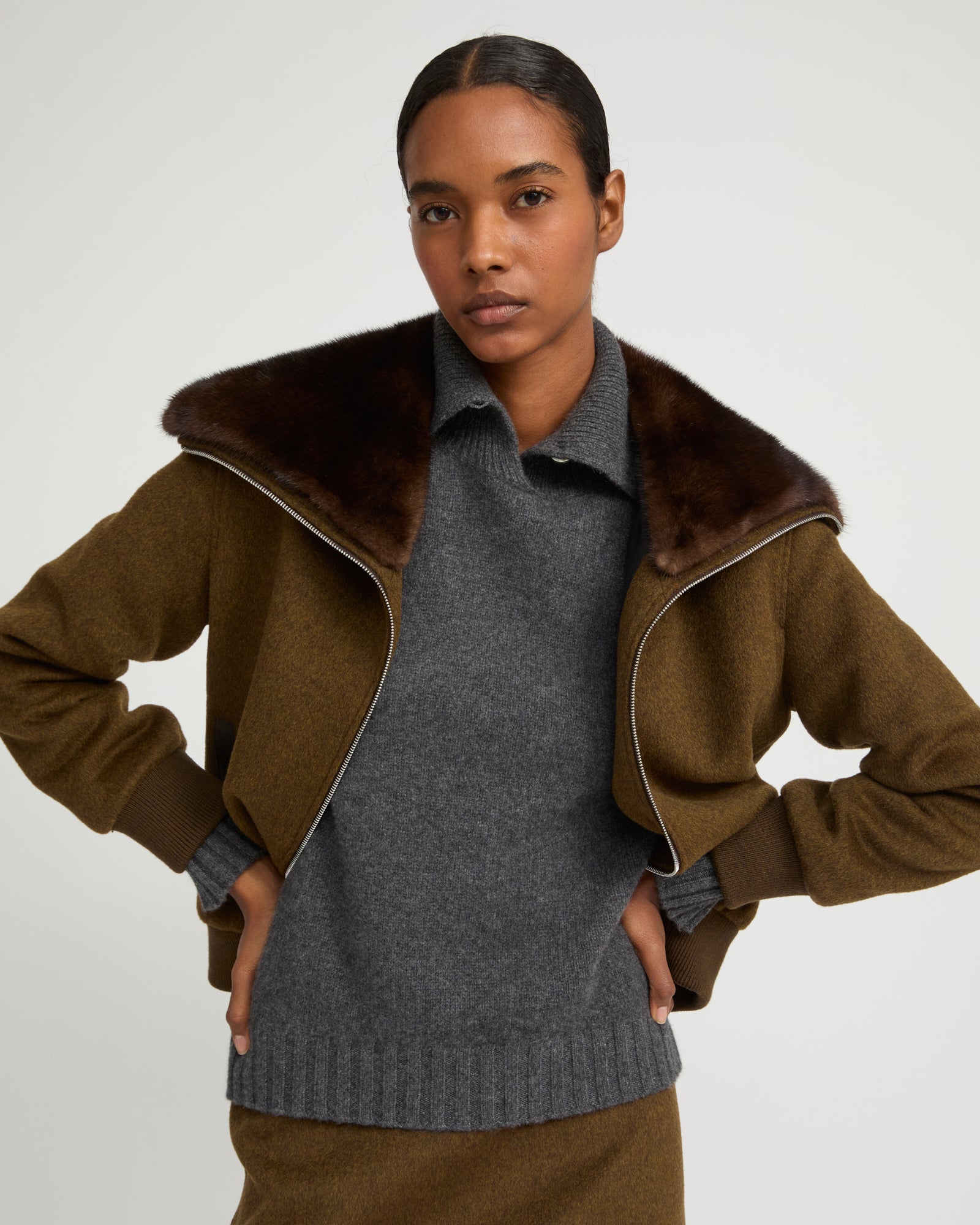 Cashmere-blend cropped blouson with removable mink fur collar -Yves Salomon