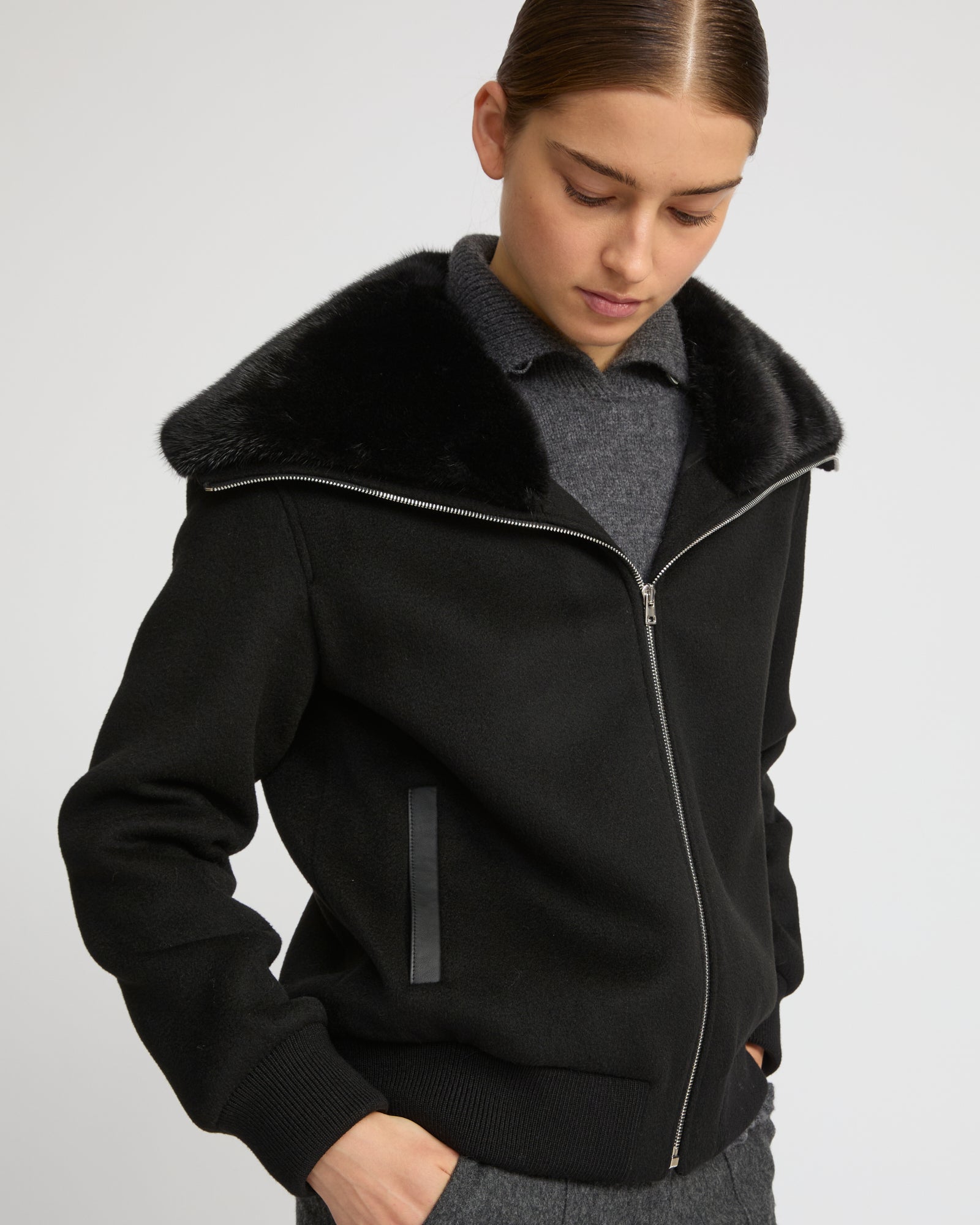 Cashmere-blend cropped blouson with removable mink fur collar -Yves Salomon