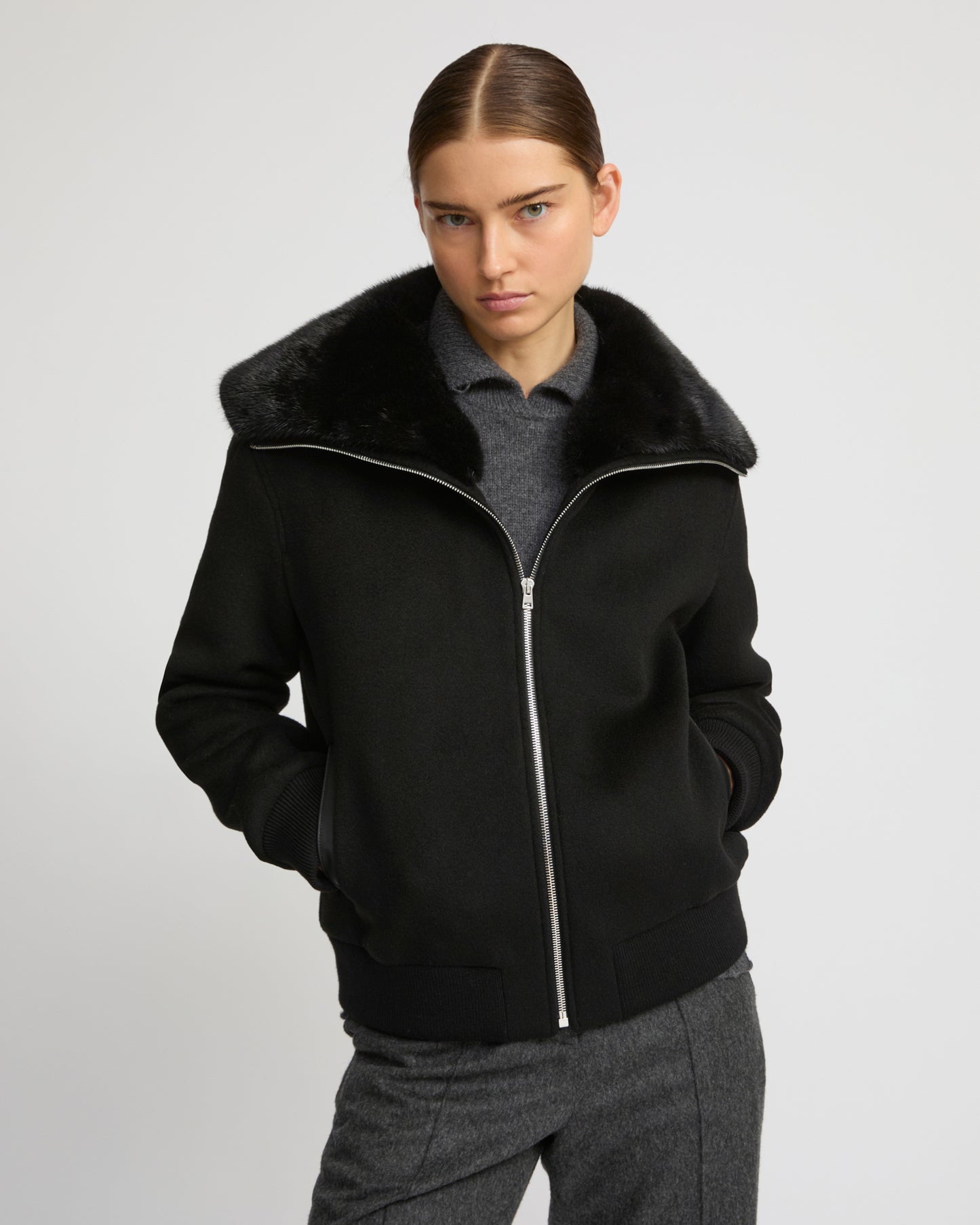 Cashmere-blend cropped blouson with removable mink fur collar -Yves Salomon