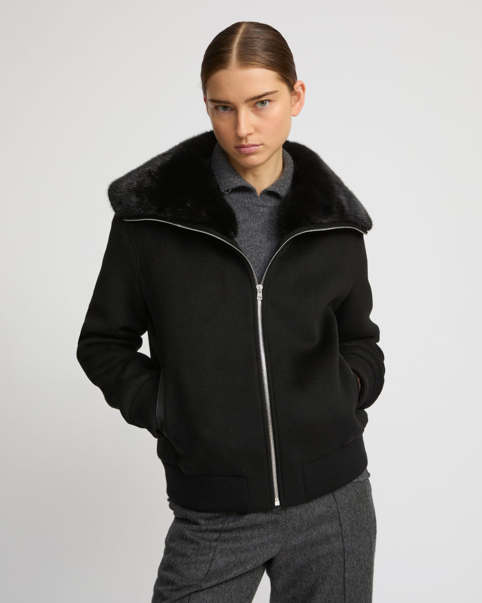 Cashmere-blend cropped blouson with removable mink fur collar -Yves Salomon