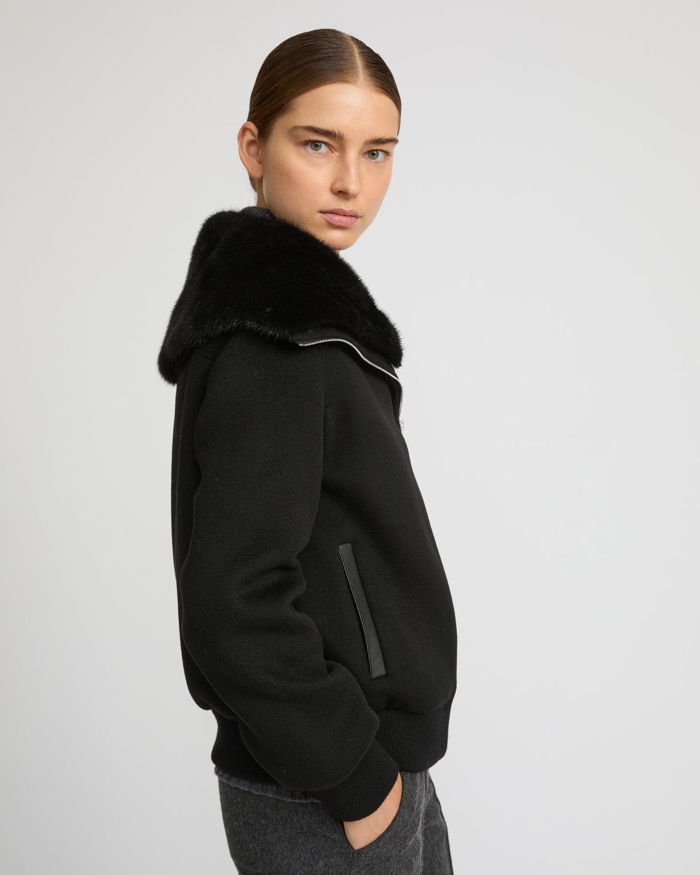 Cashmere-blend cropped blouson with removable mink fur collar -Yves Salomon