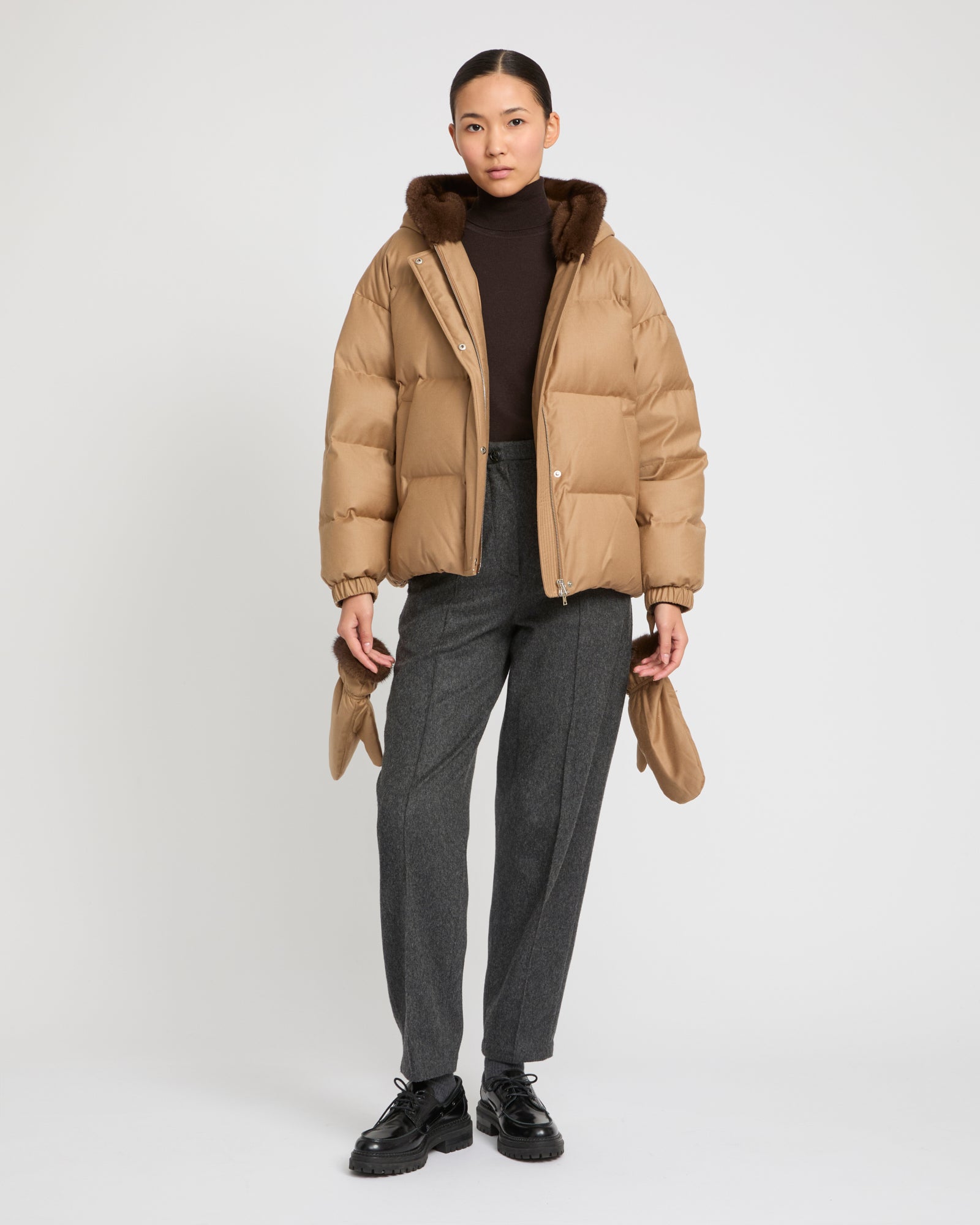 Short hooded down jacket with mink fur inner hood and removable mittens -Yves Salomon