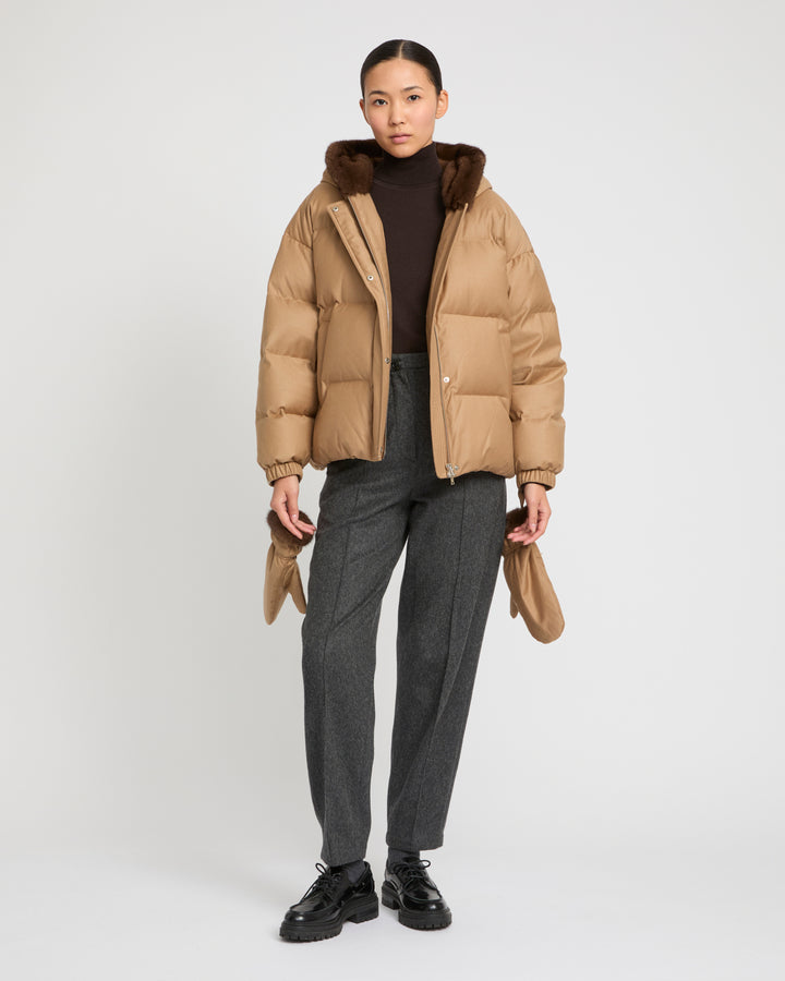 Short hooded down jacket with mink fur inner hood and removable mittens -Yves Salomon
