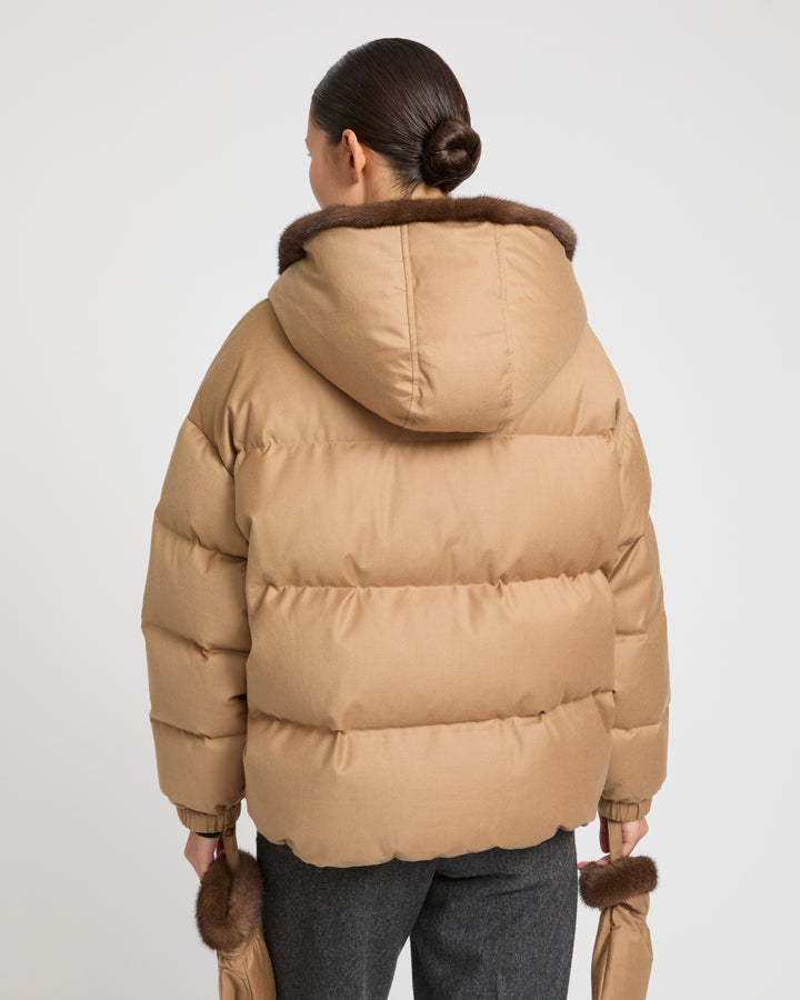 Short hooded down jacket with mink fur inner hood and removable mittens -Yves Salomon