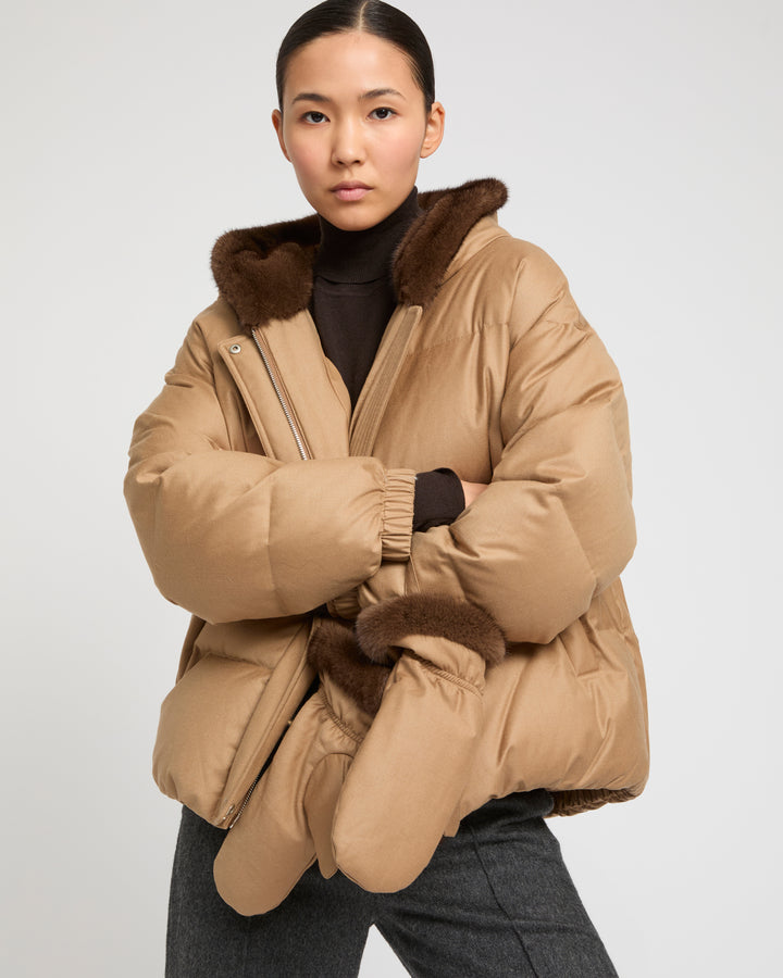 Short hooded down jacket with mink fur inner hood and removable mittens -Yves Salomon