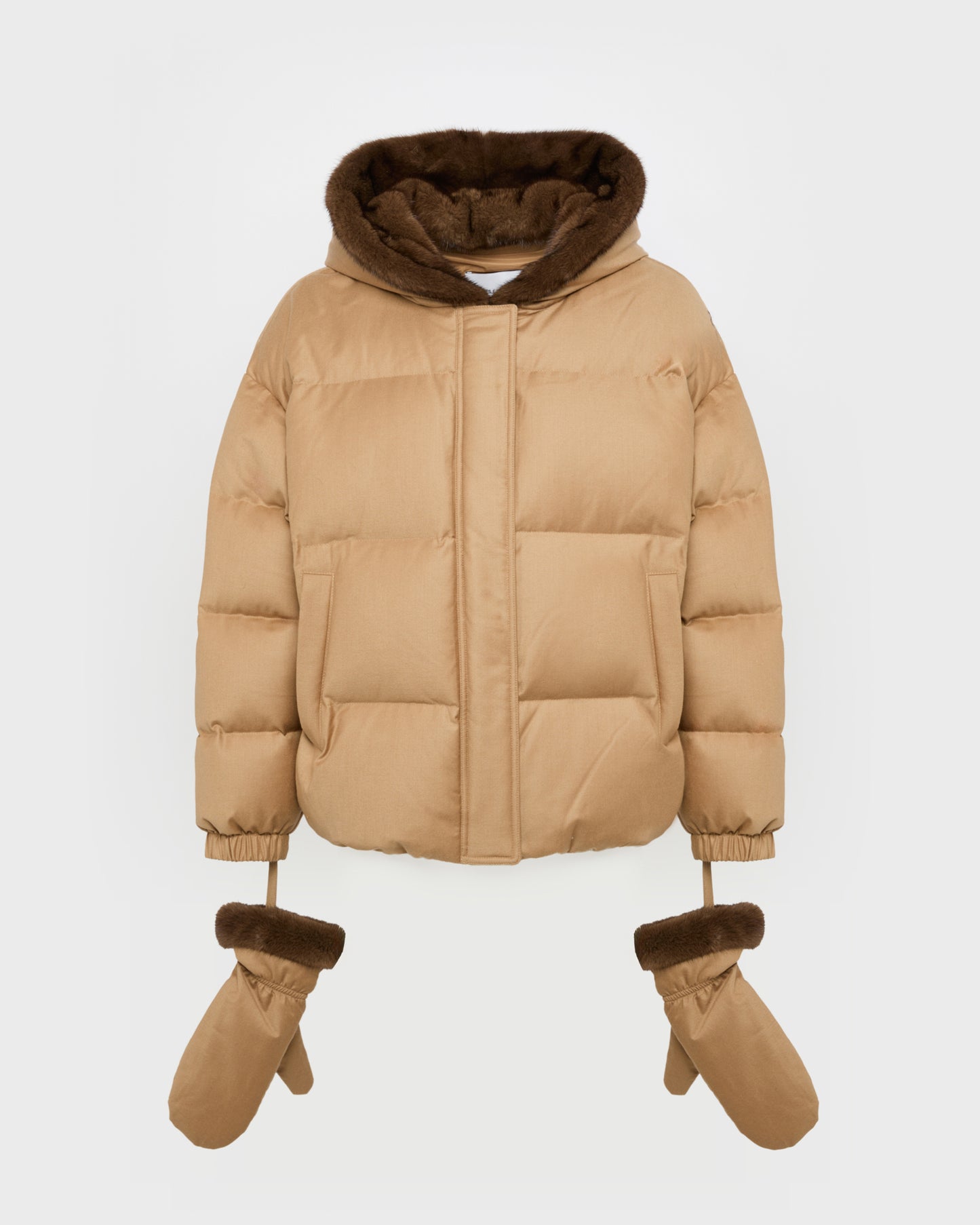 Short hooded down jacket with mink fur inner hood and removable mittens -Yves Salomon