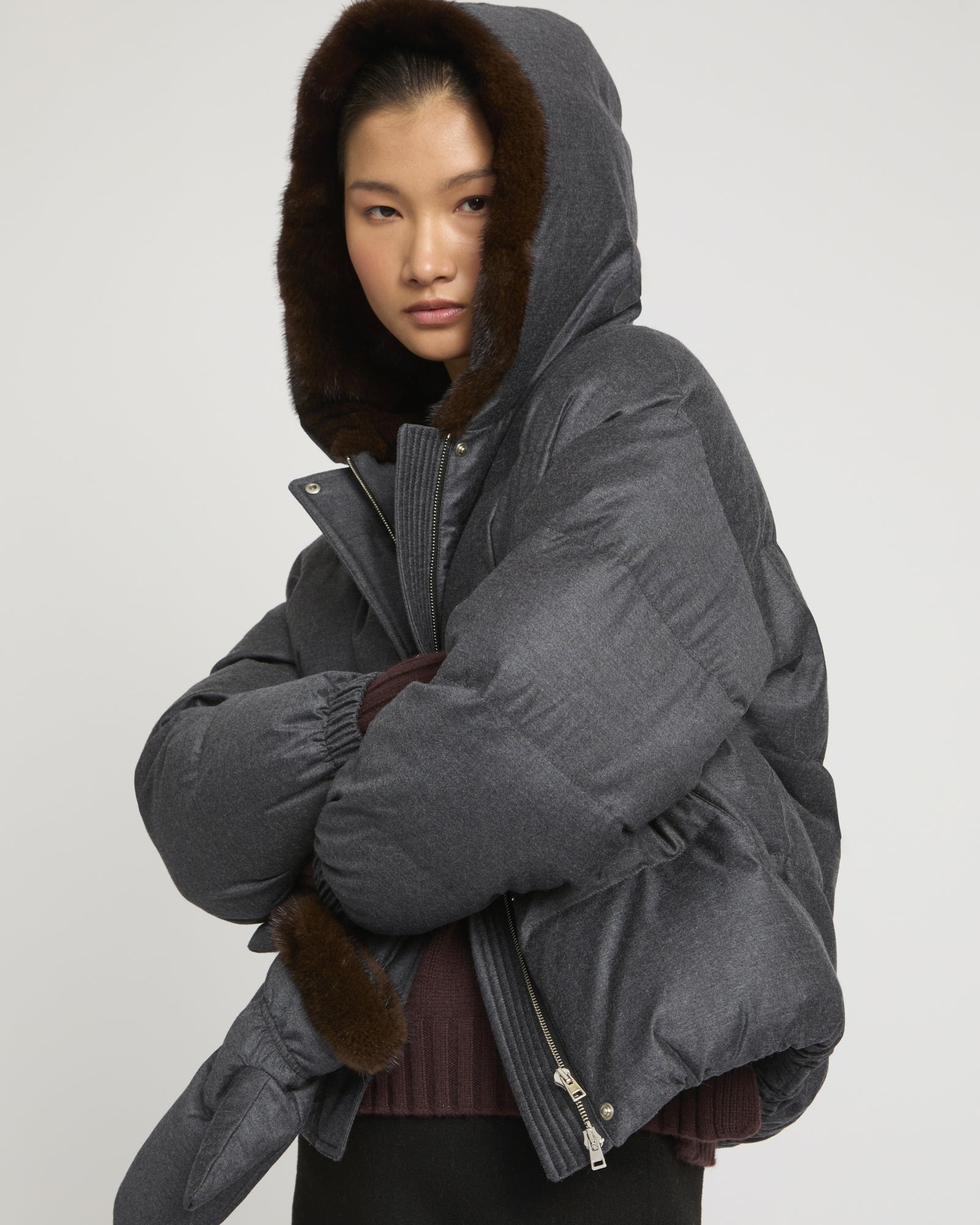 Short hooded Loro Piana fabric down jacket with mink fur inner hood and removable mittens -Yves Salomon