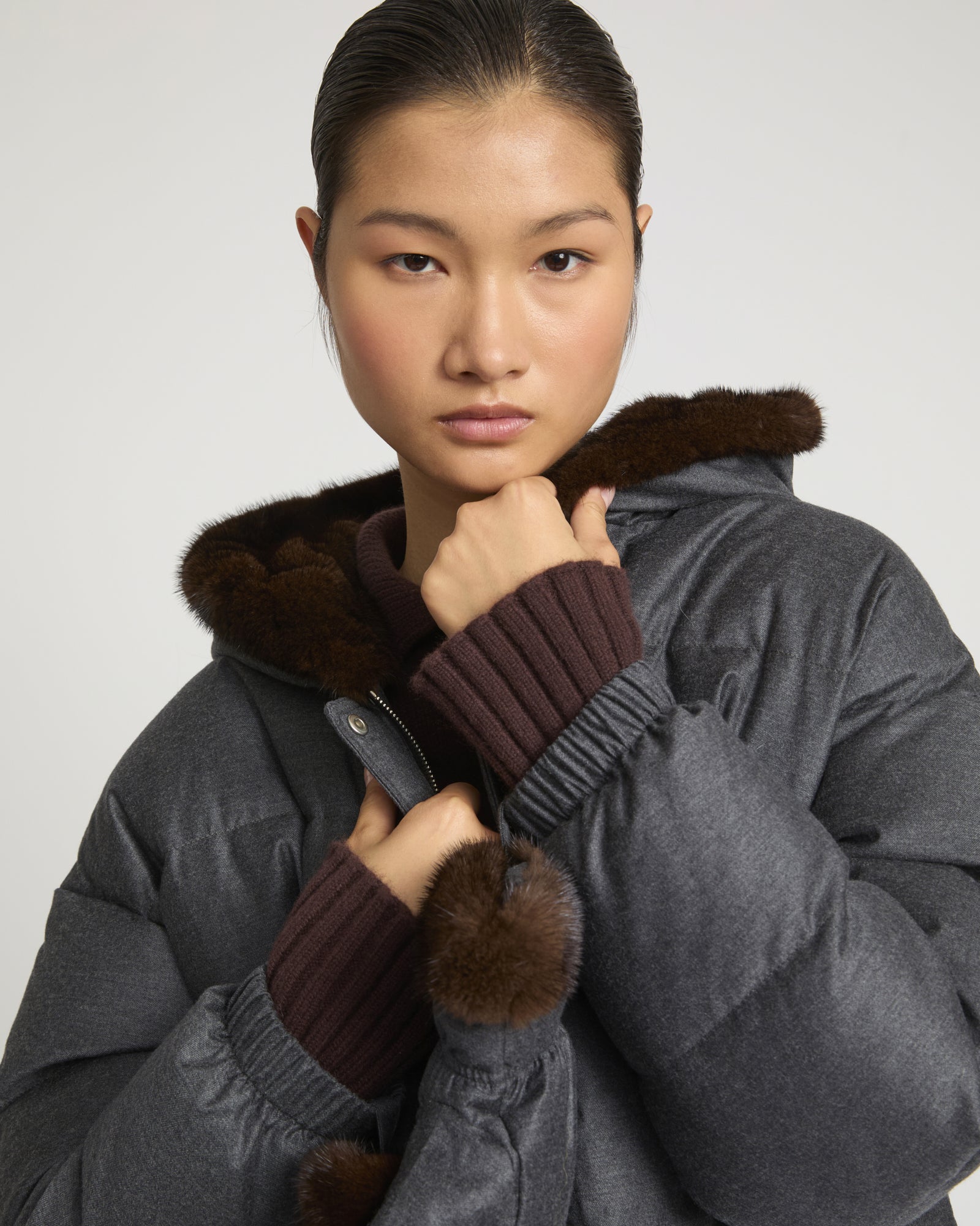 Short hooded Loro Piana fabric down jacket with mink fur inner hood and removable mittens -Yves Salomon