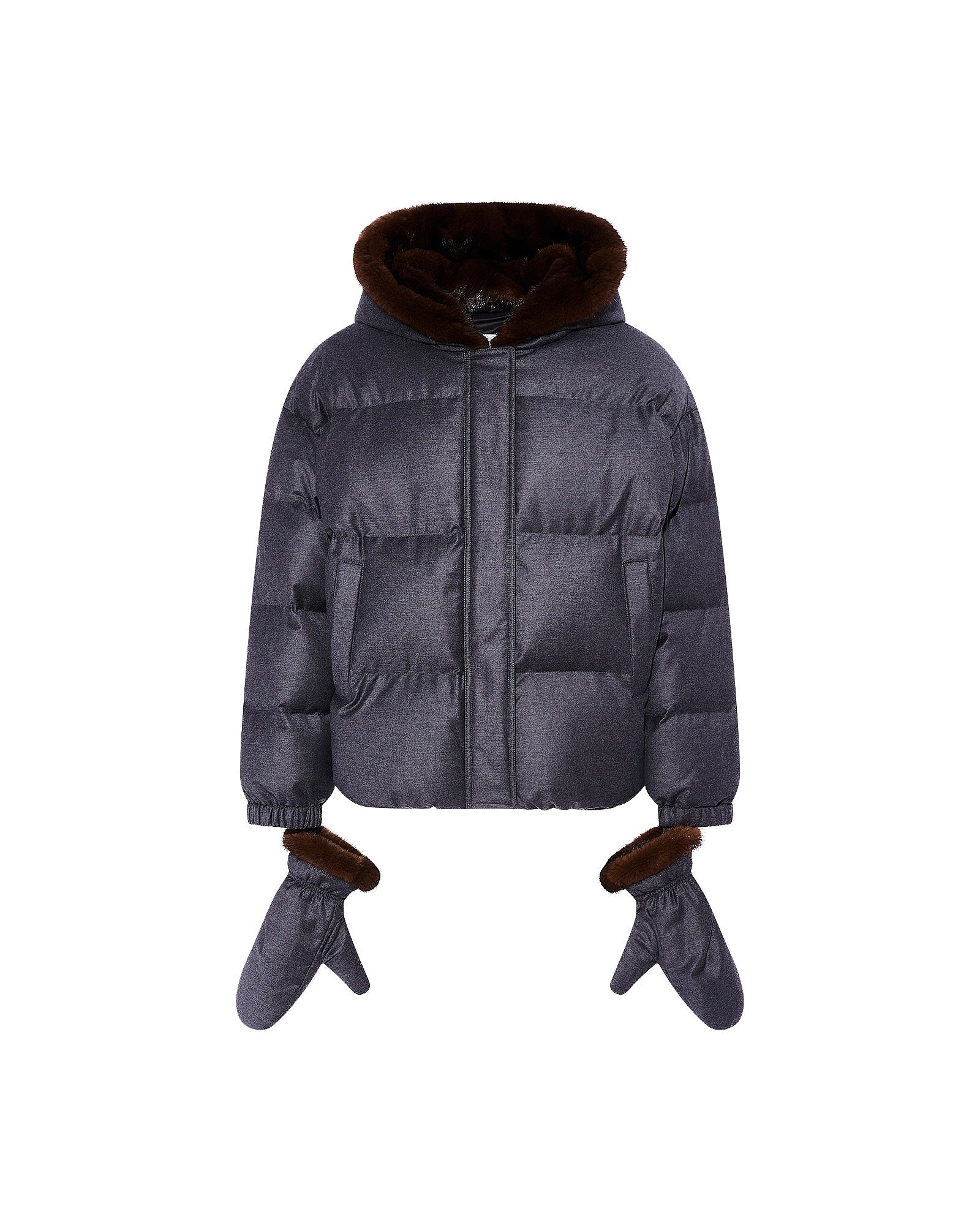 Short hooded down jacket with mink fur inner hood and removable mittens -Yves Salomon