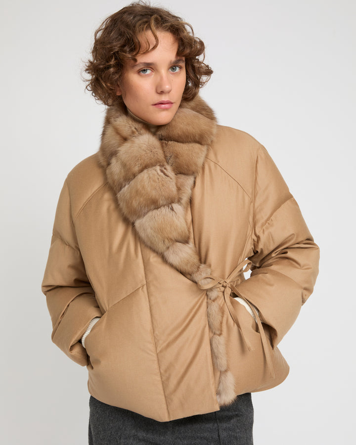 Short Loro Piana flannel down jacket with detachable large sable fur collar -Yves Salomon