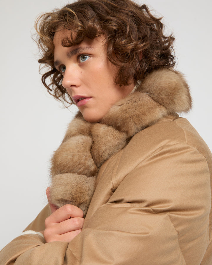 Short Loro Piana flannel down jacket with detachable large sable fur collar -Yves Salomon