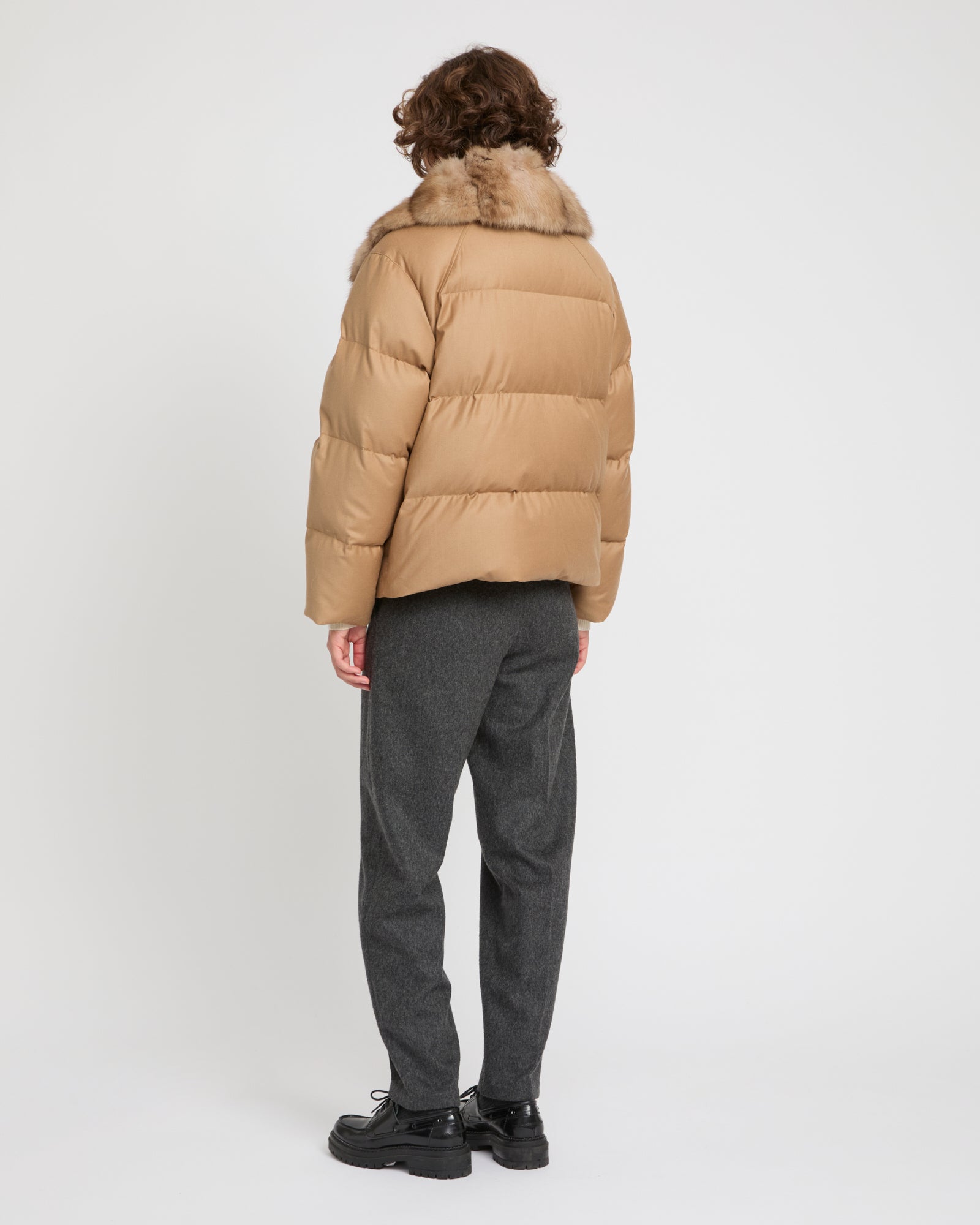 Short Loro Piana flannel down jacket with detachable large sable fur collar -Yves Salomon
