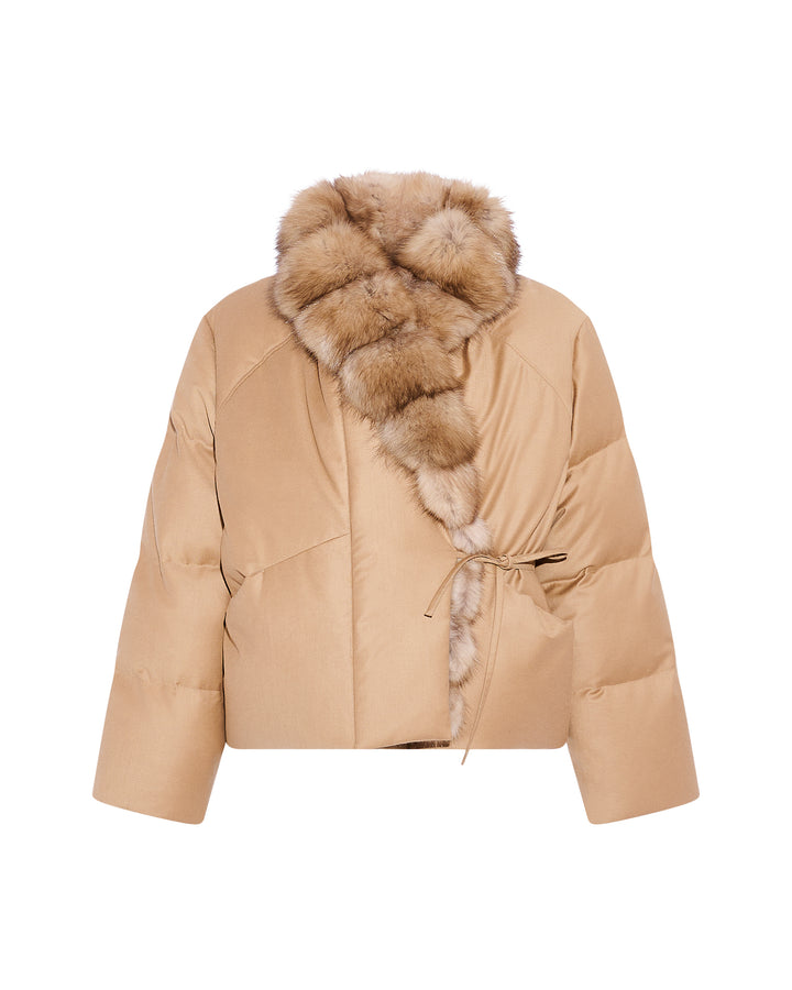 Short Loro Piana flannel down jacket with detachable large sable fur collar