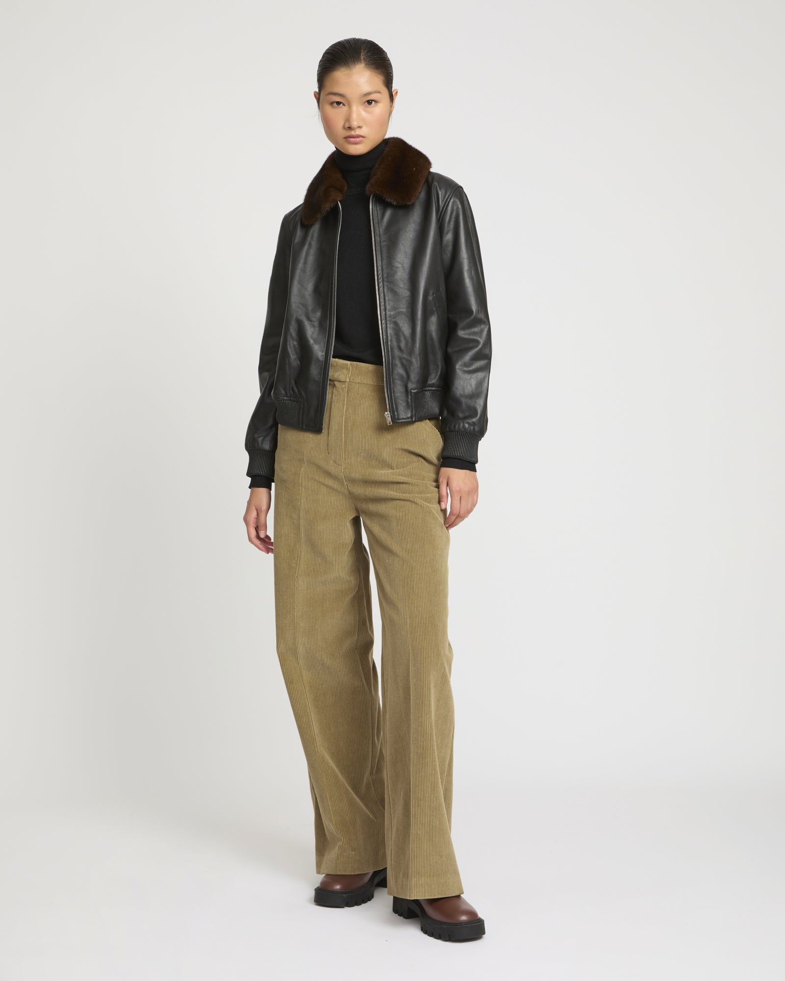 Lamb leather bomber jacket with removable mink collar -Yves Salomon