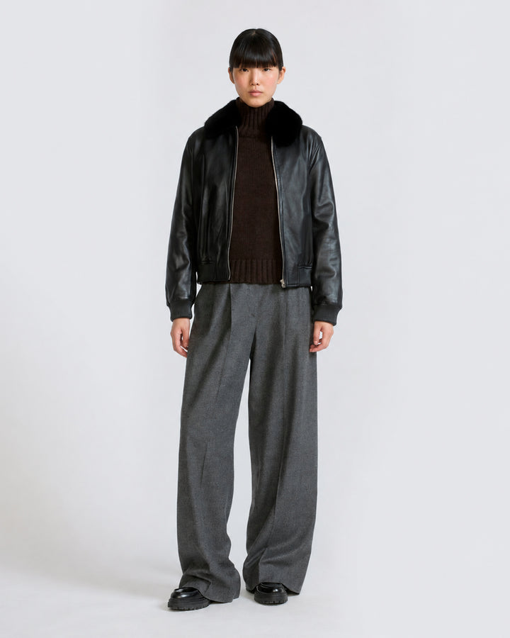 Lamb leather bomber jacket with removable mink collar