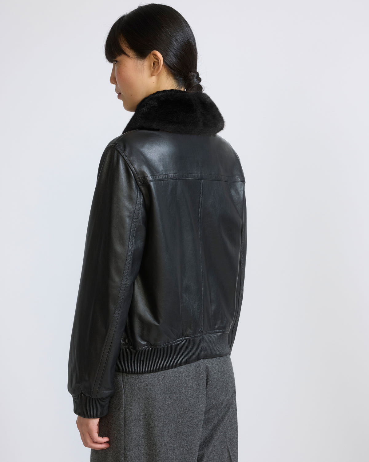 Lamb leather bomber jacket with removable mink collar