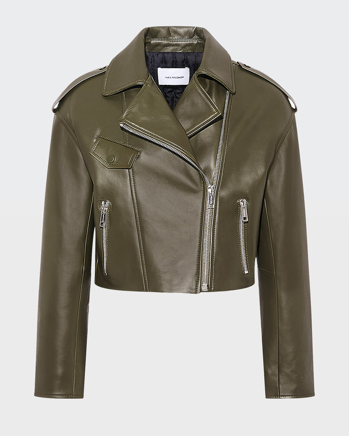Black Friday - Yves Salomon - Cropped lambskin biker jacket - khaki - front view